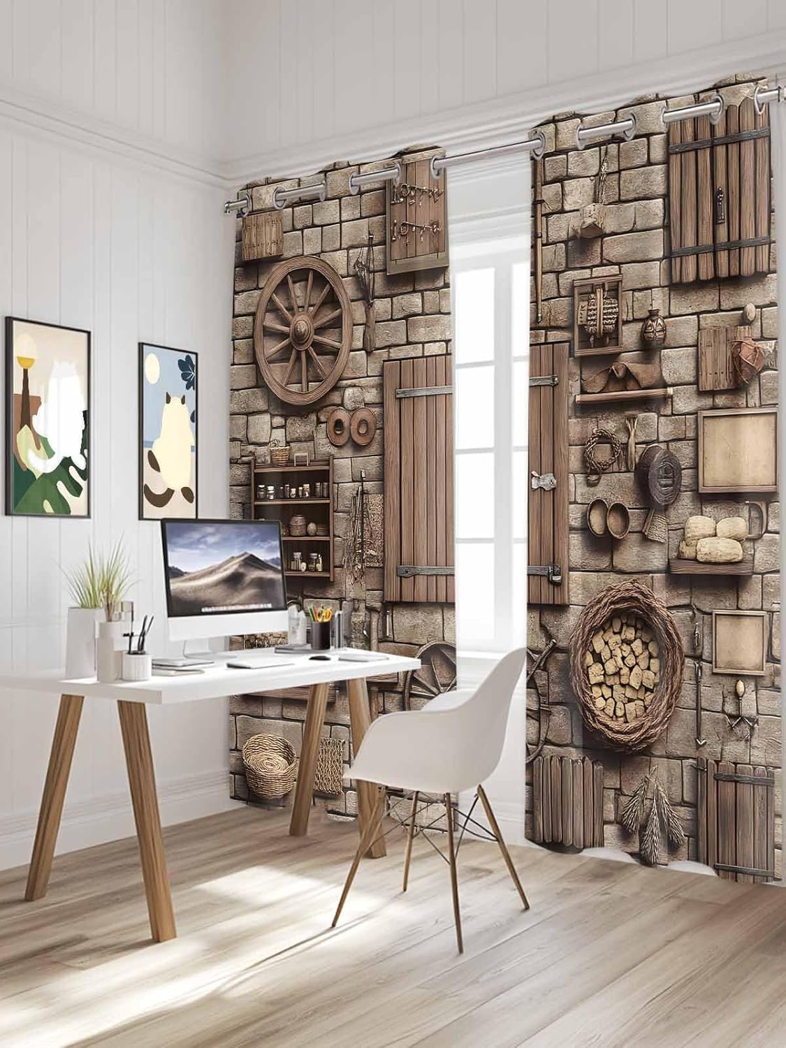 Medieval Window Curtains Panels with Silver Grommet,Rustic Weathered Grunge Cottage Scene Wooden Kitchen Cafe Curtain Draperies Window Treatment Set for Living Room/Bedroom/Bathroom/Cafe,84x84