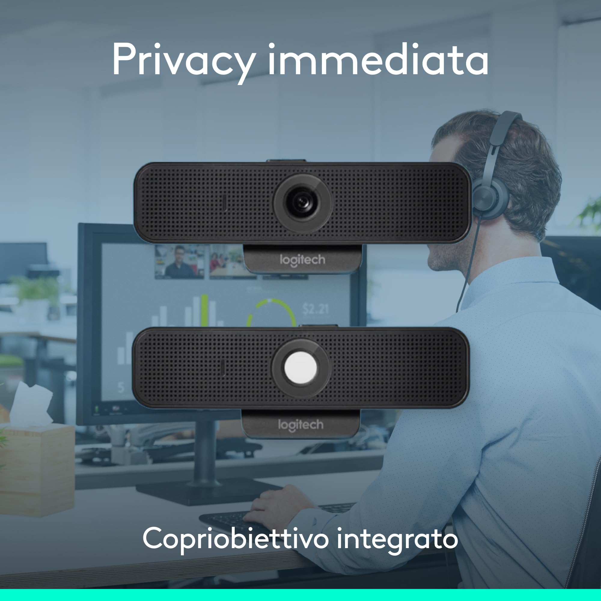 Logitech C925e webcam professionale, video HD 1080p/30fps, correzione dell'illuminazione, autofocus, audio chiaro, copriobiettivo, per Microsoft Teams, Google Meet, Skype, WebEx, Cisco - Nero