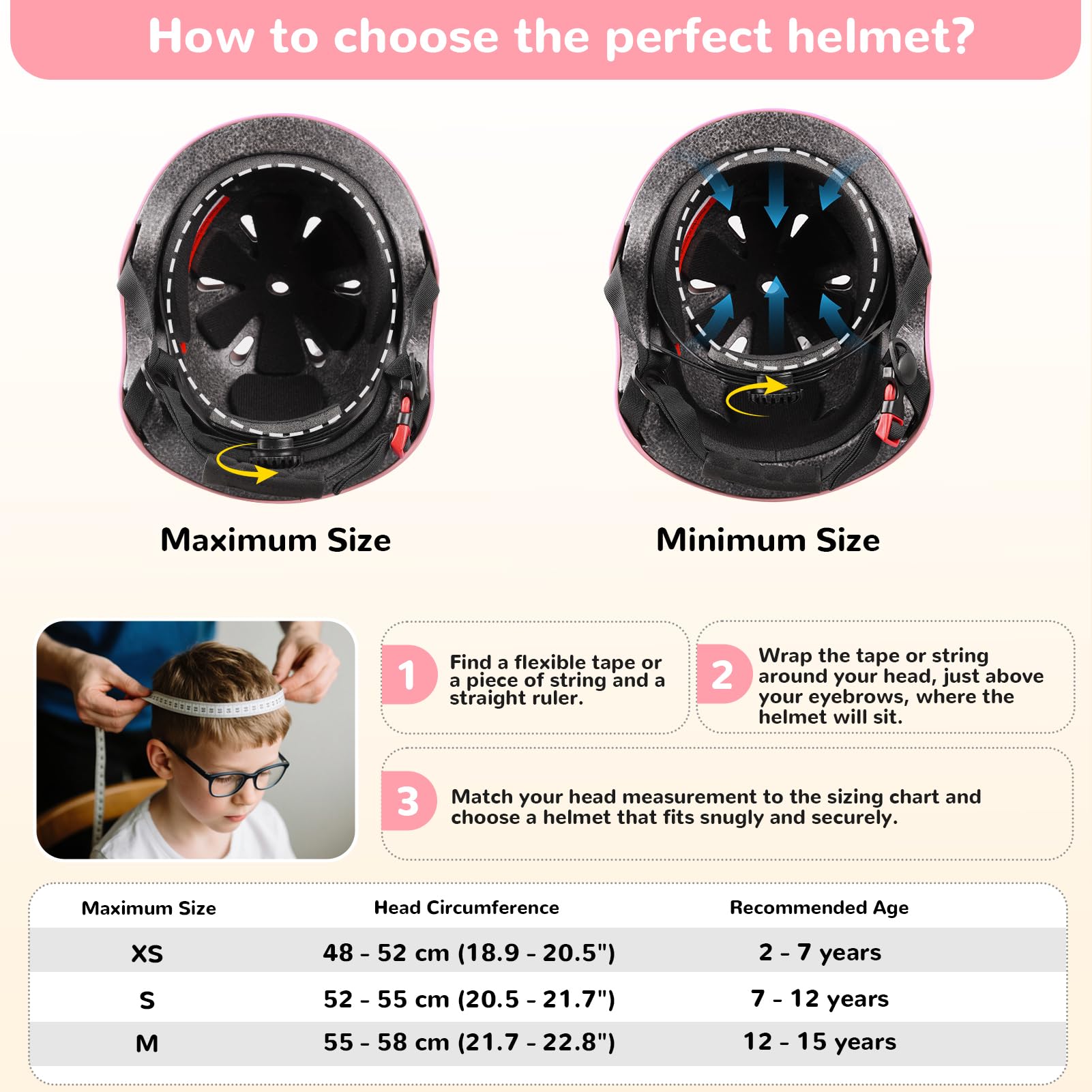 Casco da bambino certificato EN1078 CE, casco da bicicletta per bambini, mentoniera regolabile, riflettente, bicicletta, pattini, include adesivi 3D + borsa (rosa, M)