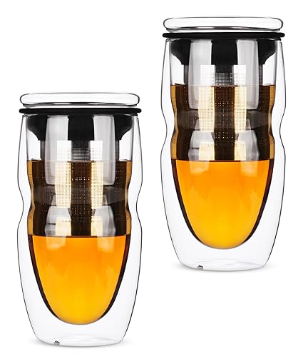 BTaT- Double Wall Glass Tea Cup With Stainless Steel Infuser, 2 Pack, 16oz, Tea Cup with Lid, Tea Infuser Cup, Tea Cup with Filter, Tea Cup with Infuser, Tea Gifts for Tea Lovers, Tea Infuser Mug
