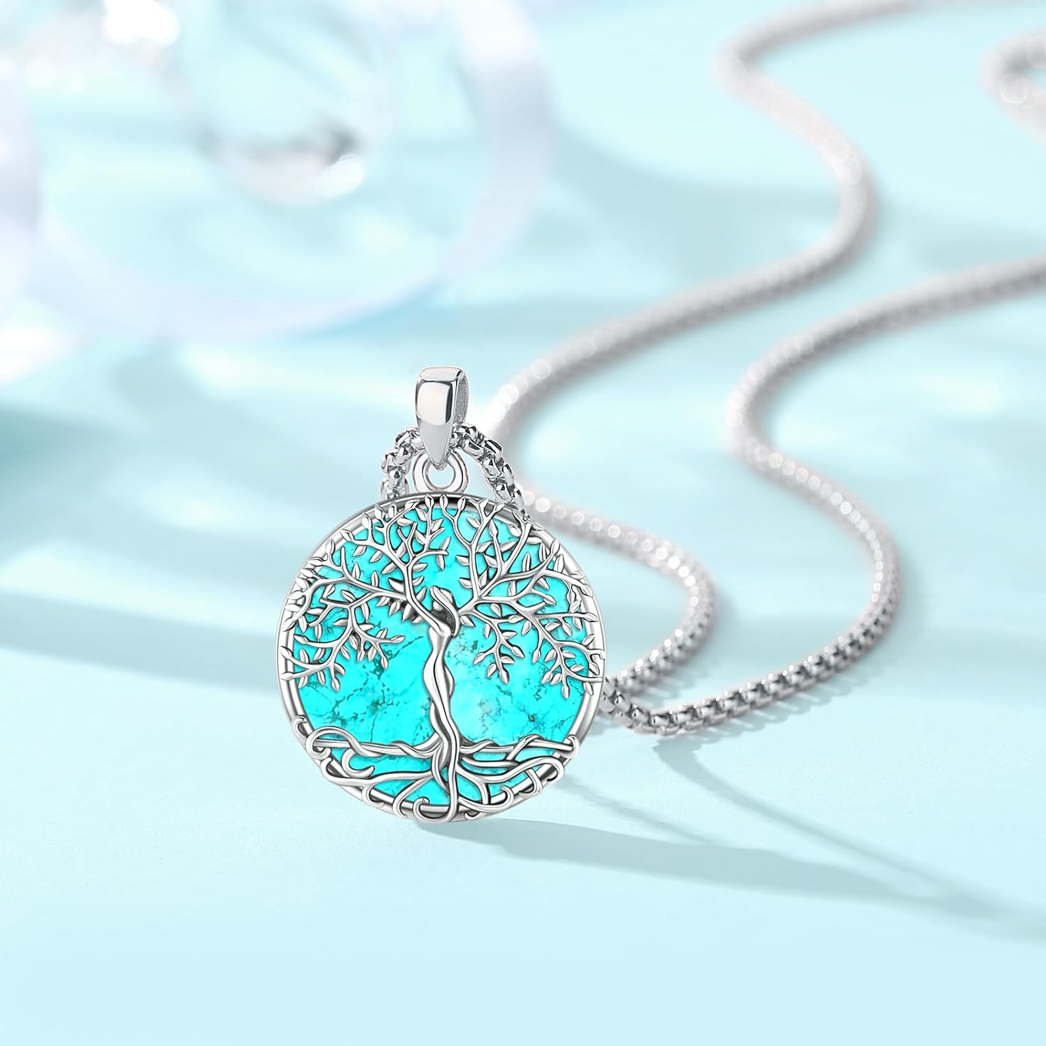 Turquoise Tree of Life Necklace for Women S925 Sterling Silver Turquoise Jewelry/Moon/Pentagram/Witch Knot/Lilith/Family Tree Pendant Anniversary Birthday Gift for Women - Image 3