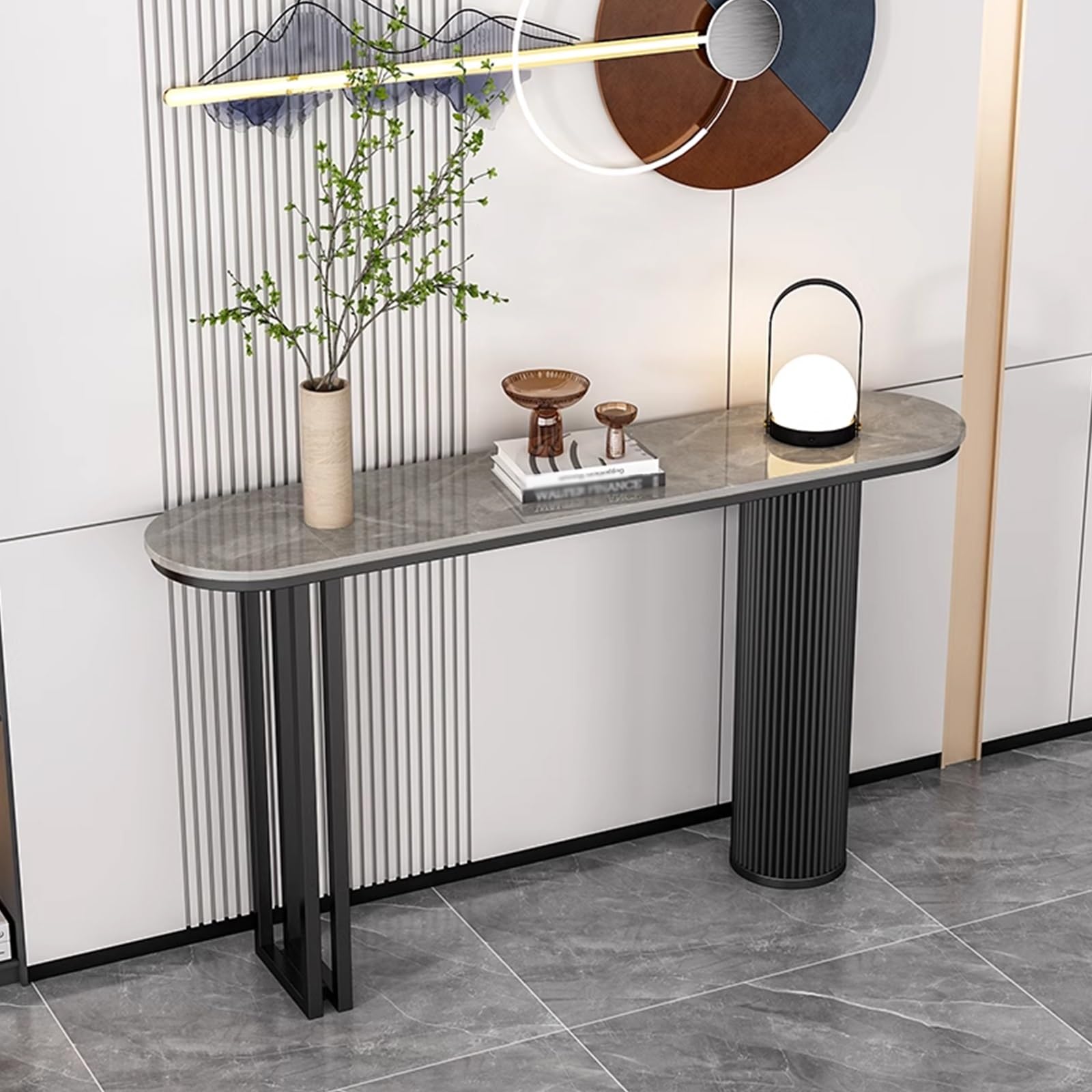Générique Console d'entrée étroite et Luxueuse, idéale pour Un Couloir, Une Chambre, Un Salon ou Un Hall d'entrée. Son Plateau en Pierre et Son Cadre en Fer Noir Lui conf