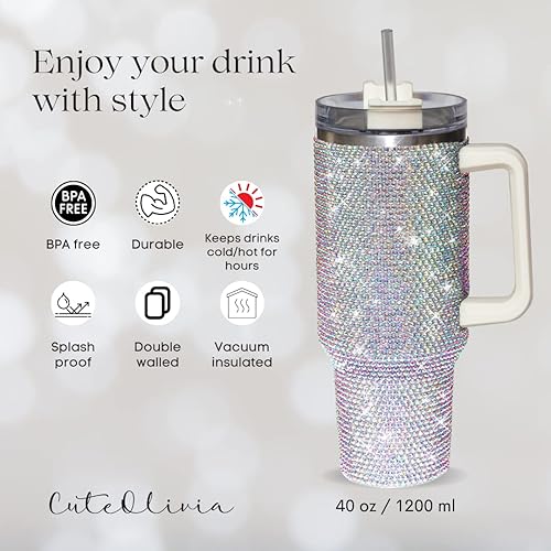 Miniatura 2 de Vaso de 40 onzas con diamantes de imitación con asa, popote y tapa, botella de agua de doble capa de acero inoxidable aislada para mujeres, taza de