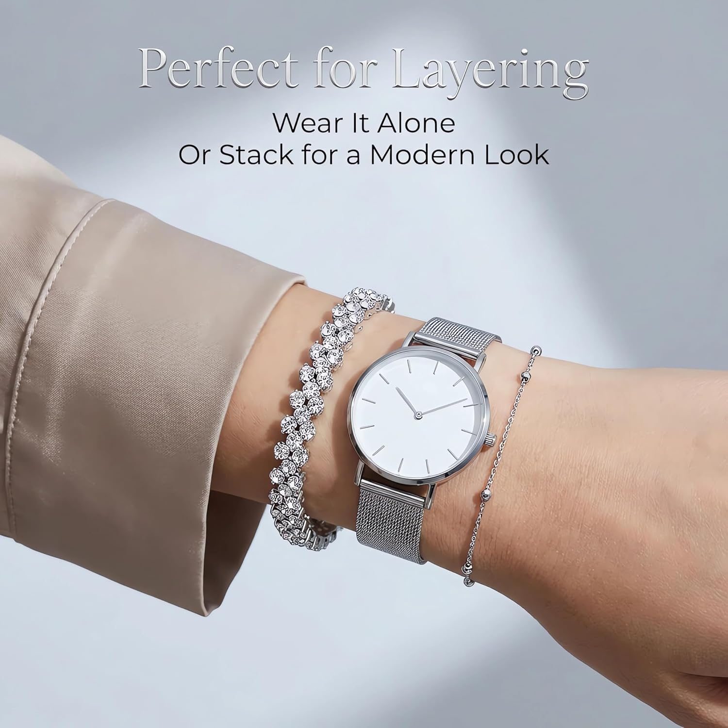 Silver Crystal Tennis Bracelet for Women – Elegant Full Zircon Sparkle, Slim Stackable Design, Secure Clasp, Dainty Luxury Jewelry Gift for Her