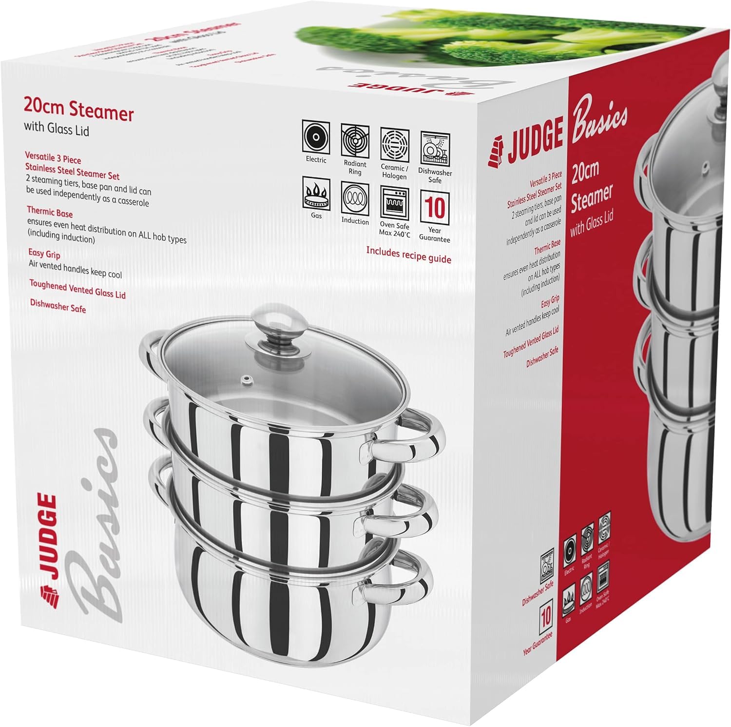 Judge Essentials Edelstahl Dampfgarer Topf, 3 Ebenen, Thermoboden & Ventilierter Glasdeckel, Ofenfester Gemüsedampfgarer mit Kühl Bleibenden Griffen - Energiesparend, Induktionsfähig – 20 cm