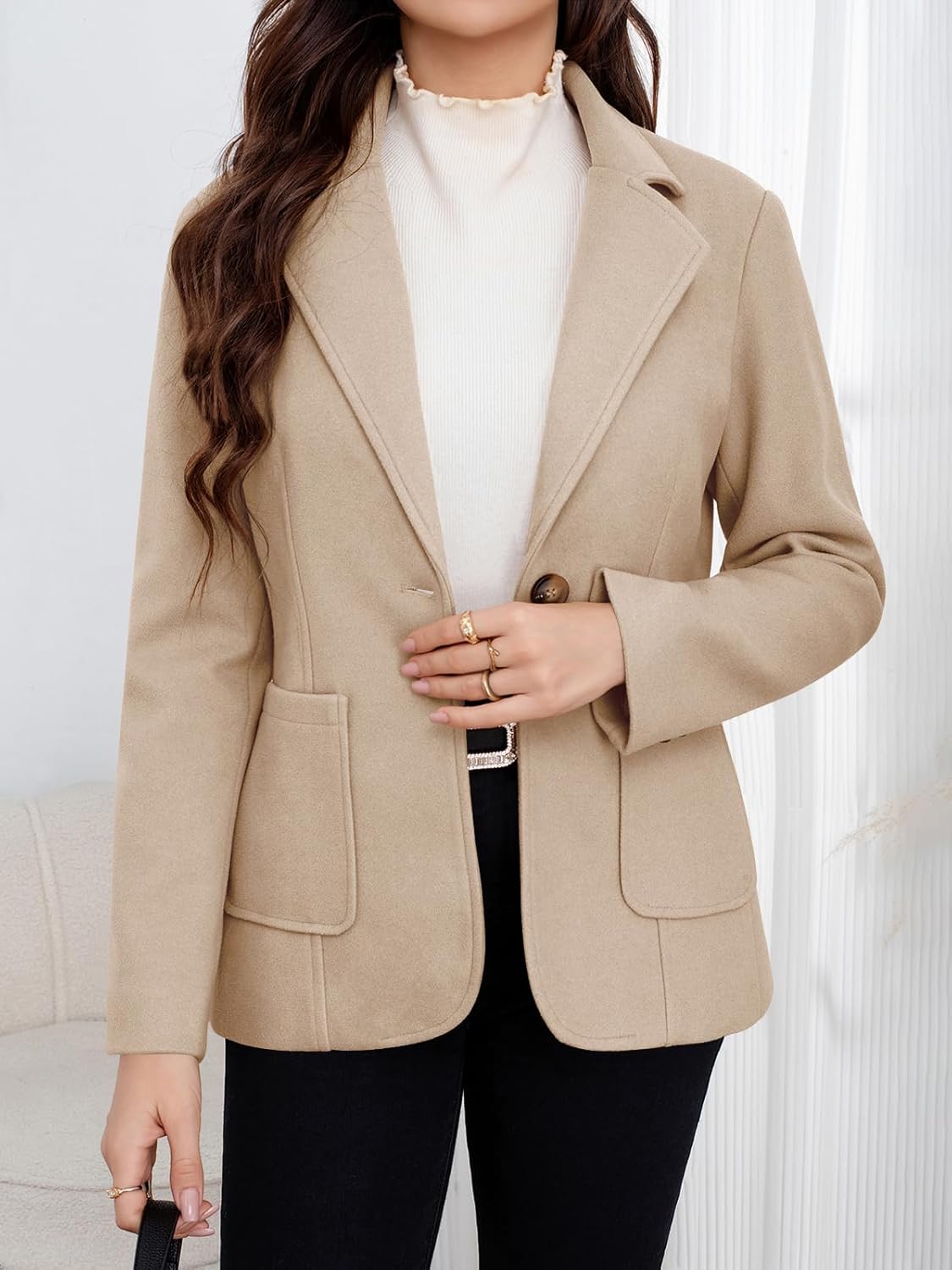ebossy Women's Wool Pea Coat Notched Lapel 1-Button Business Office Blazer Jacket Elegant Short Coat with Pockets