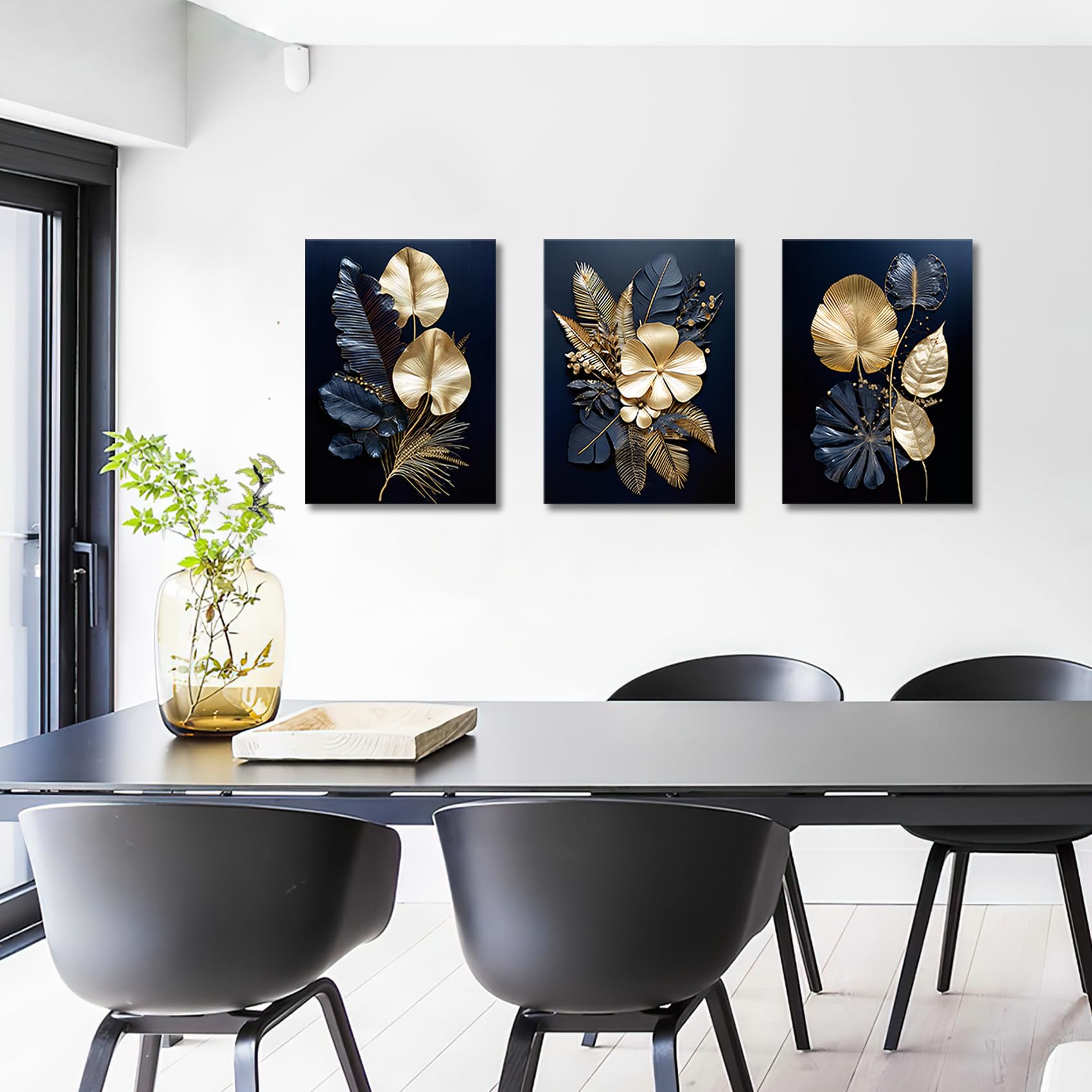 FajerminArt 3 Panels Modern Canvas Wall Art Navy Blue Gold Flowers Coconut Leaves Pictures Painting on Canvas Prints for Living Room Bedroom Office Wall Decoration Stretched On Frame 40x60cmx3Pcs — view 5