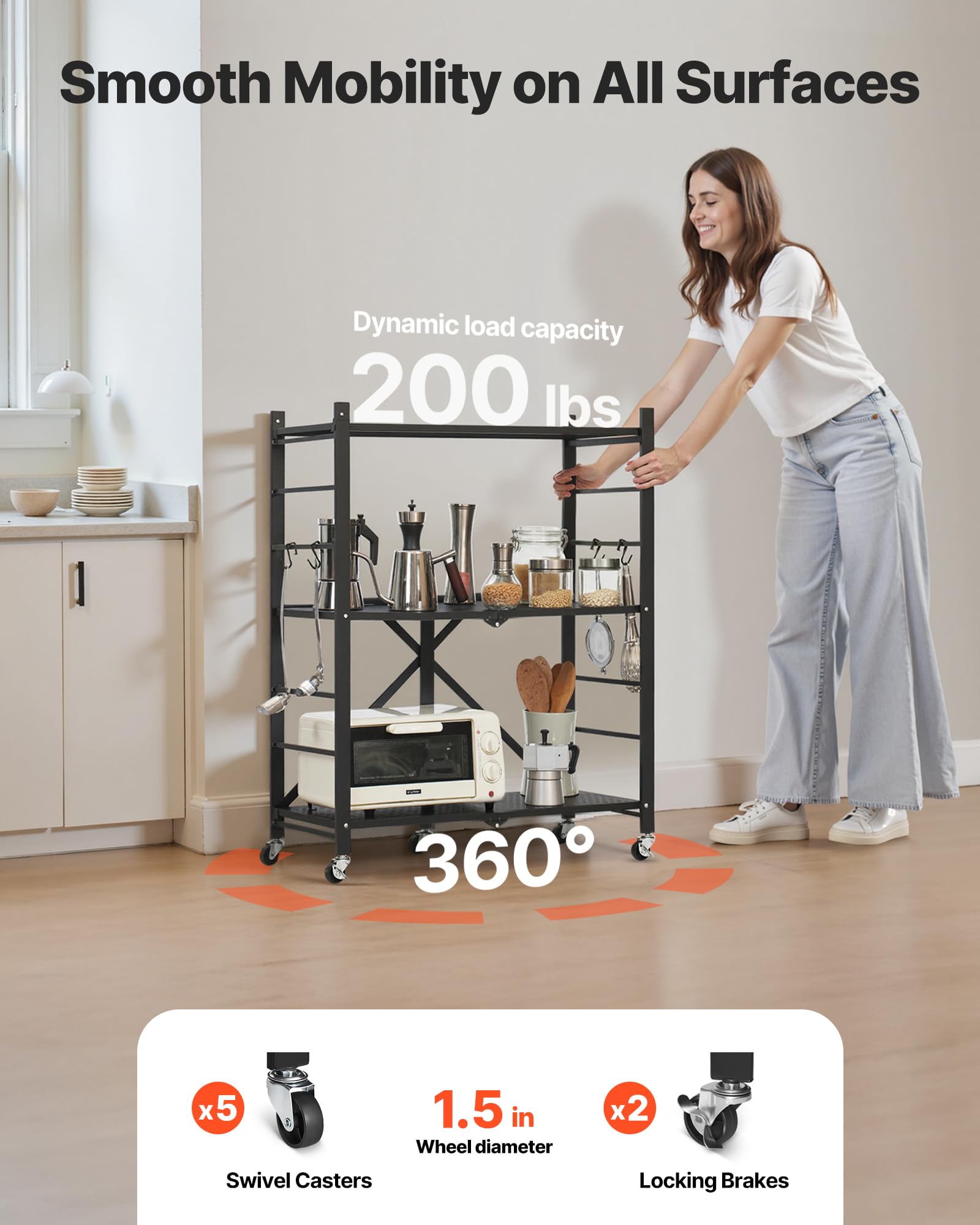 VEVOR Scaffale Portaoggetti Pieghevole a 3 Ripiani con Ruote, Scaffale in Metallo Pieghevole, Robusto Resistente Senza Montaggio, Ideale per Garage, Cucina, Cantina Nero 330 x 710 x 910 mm