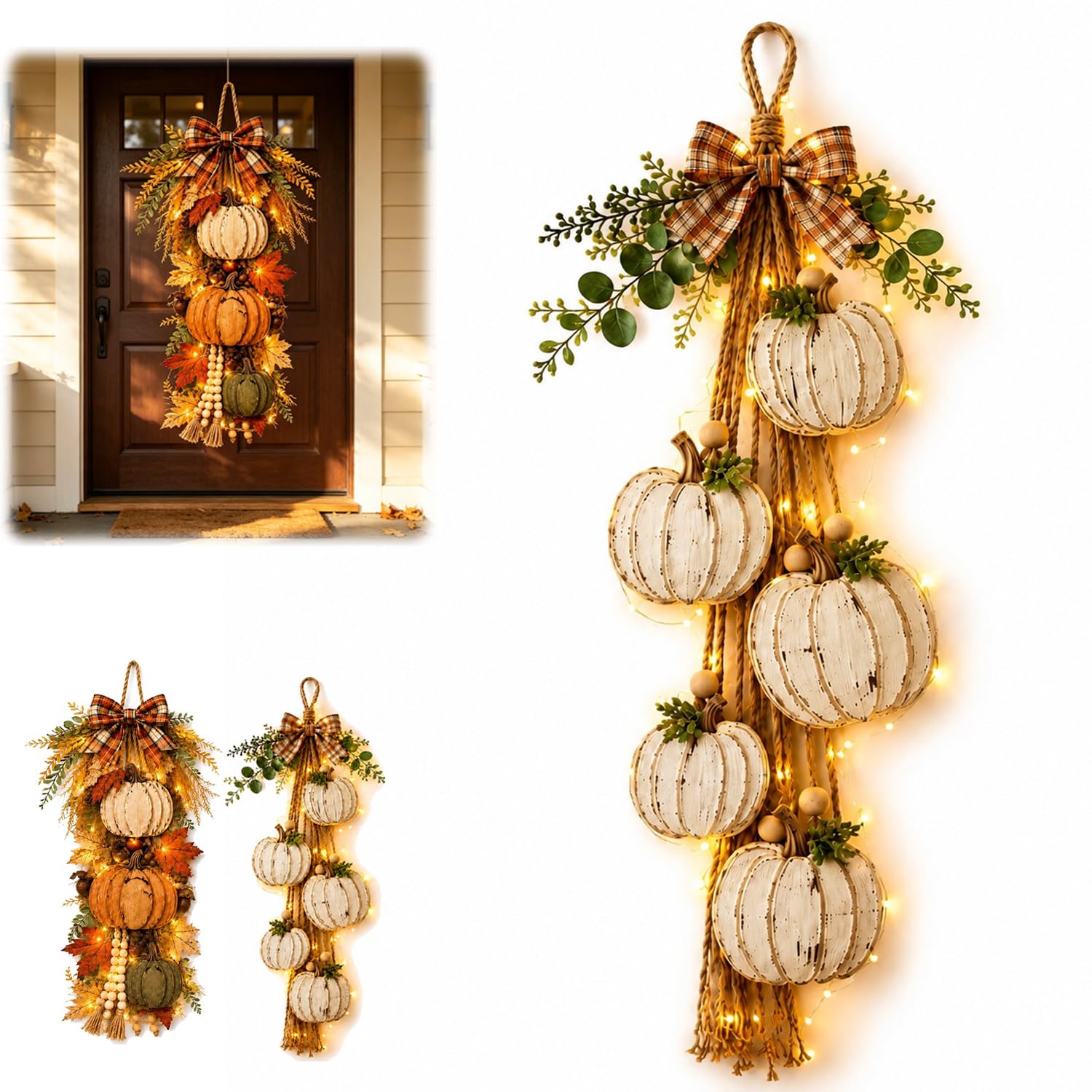 Rustic Wooden Pumpkin Door Hanging with Warm LED Lights，A2