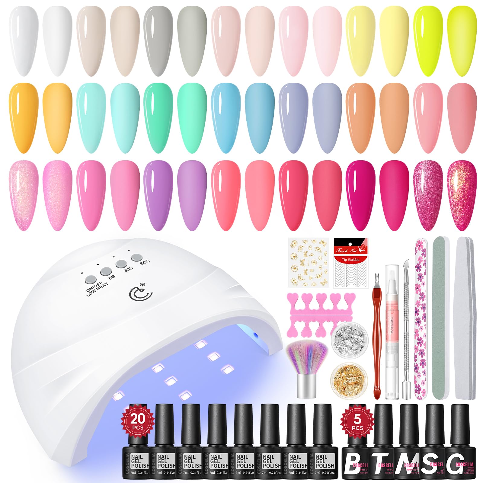 Kit de Uñas Semipermanentes COSCELIA, 20+5 Colores de Esmalte Semipermanente, Base y Top Coat, Lámpara UV/LED, Kit de Manicura para Principiantes, Decoraciones y Accesorios para Uñas