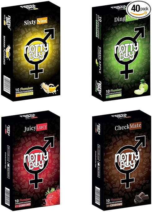 NOTTY BOY Flavoured Condoms (Banana Chocolate Strawberry Green Apple) For Men - 40 Count | Skin Friendly, Pleasant Smell, Transparent and Fruity Fragrance for Exciting Feelings