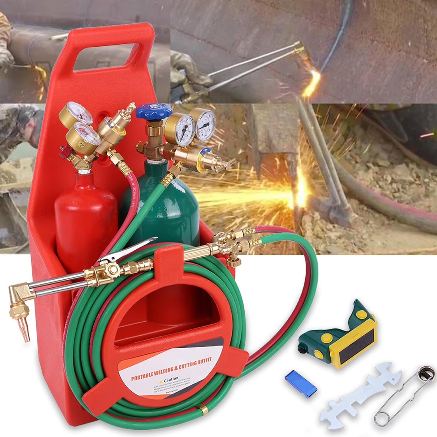 BENBOR Oxygen Acetylene Torch Kit,Portable Oxyacetylene Torches with Gauge,Long Pipe Brass Nozzle,Welding Brazing Cutting Torch Kit,Professional