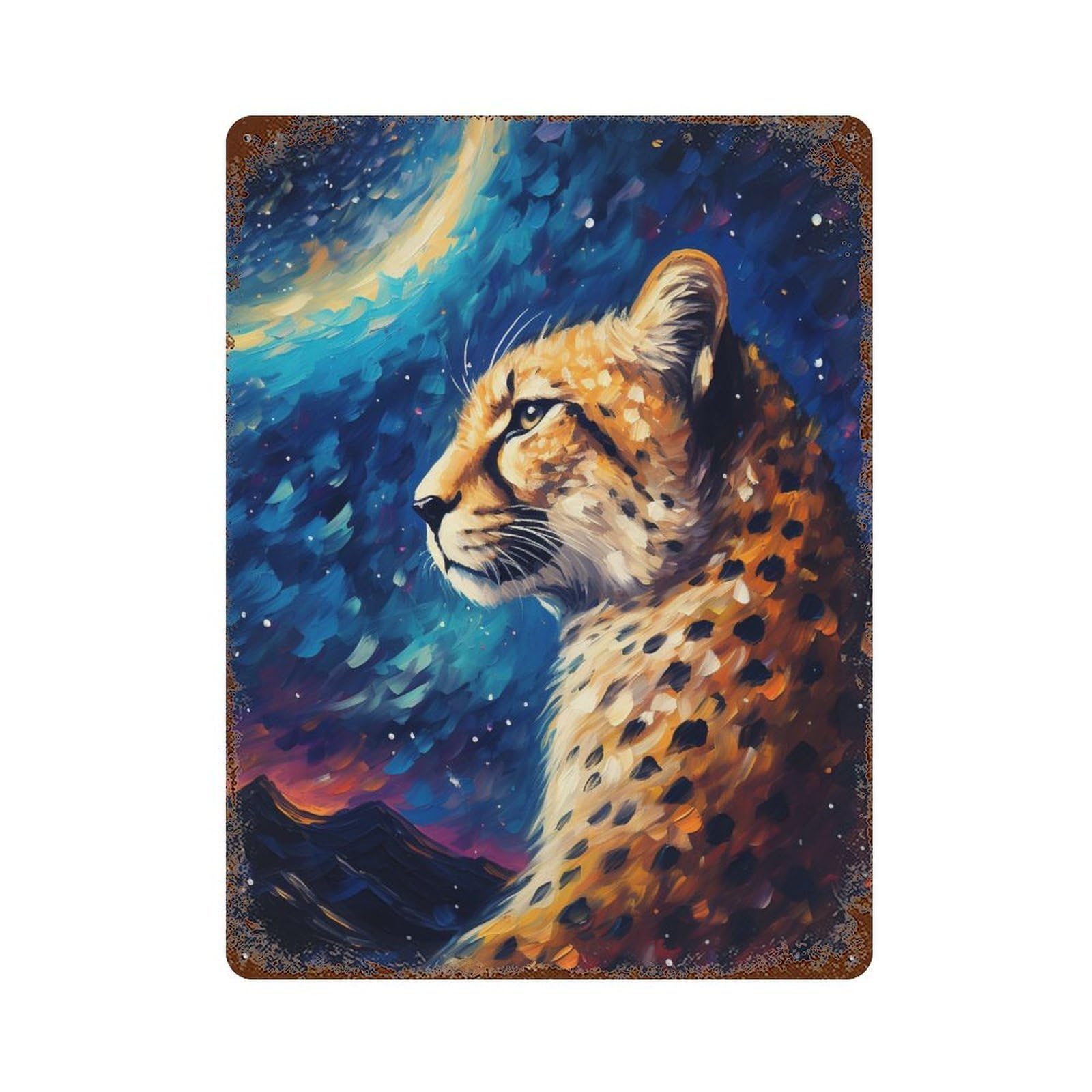 Rust Effect Galactic Cheetah Majesty Rusty Metal Tin Sign 15.7"x11.8", Industrial Home Decor for Living Room, Hallway And Home Decor