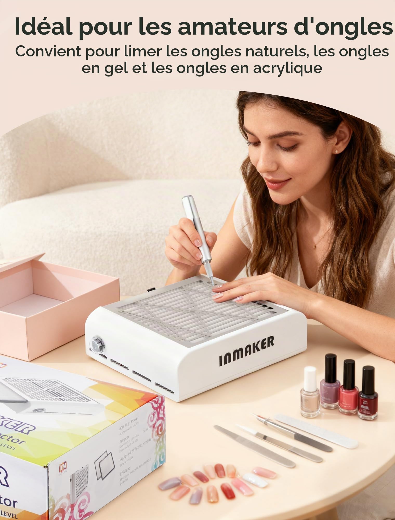 INMAKER Aspirateur Ongles Professionnelle Avec 2 Filtre Remplaçable | 60W Aspirateur Ongle Manucure pour Nail Art ou Salon, Blanc