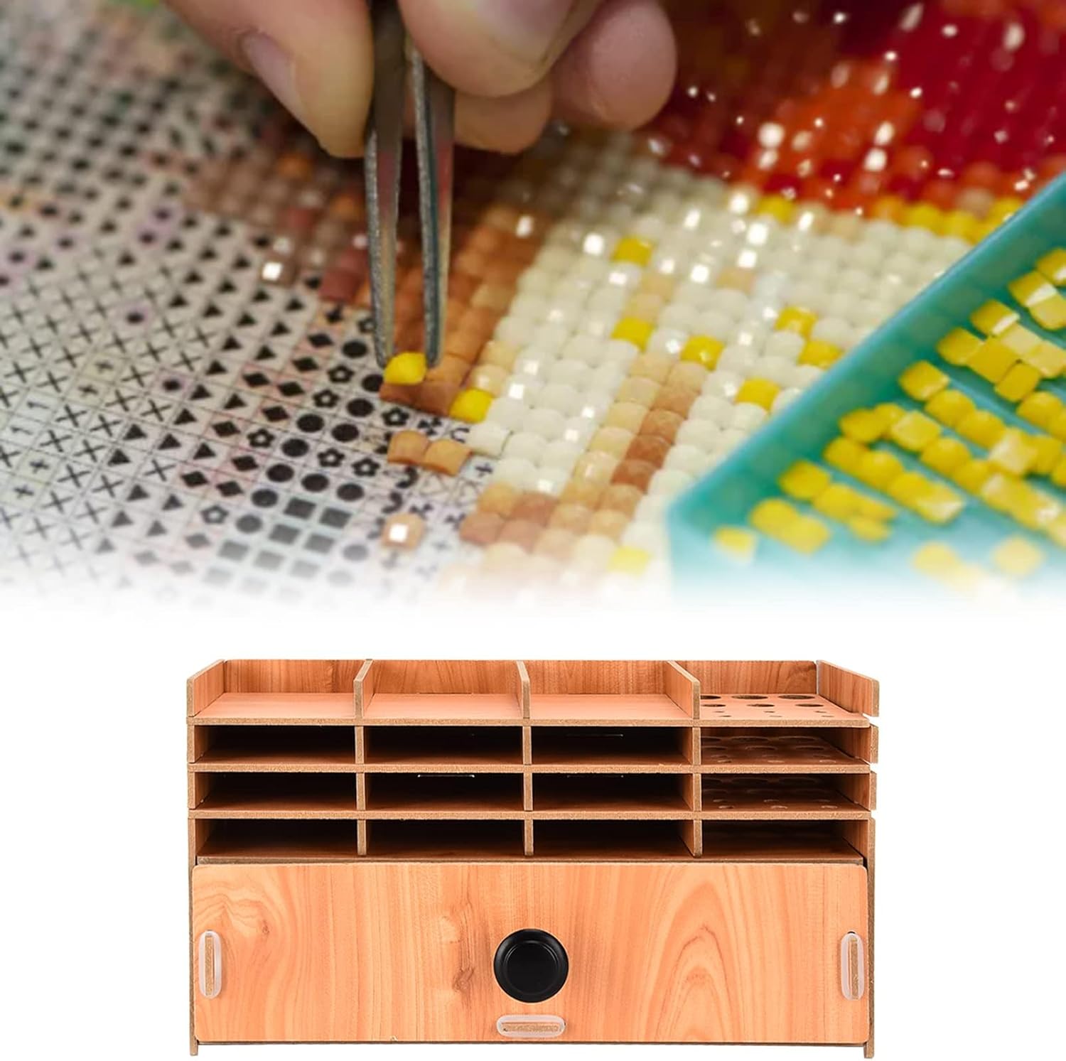 HERCHR Diamond Painting Tray Holder,Wood Diamond Painting Tray Organizer,Diamond Art Accessories and Tools Multi Layers Grids Rhinestone Tool Organizer