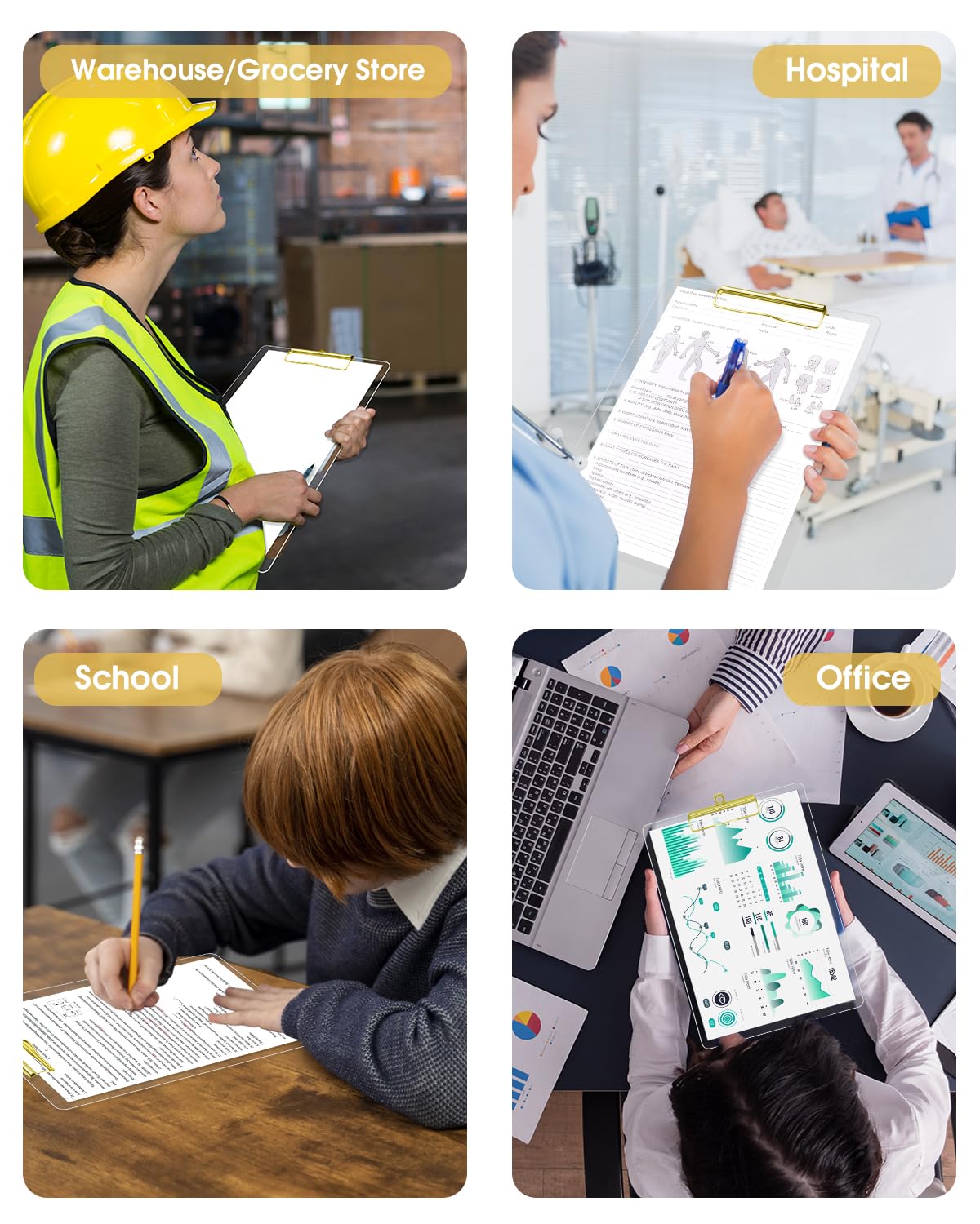 Honagu Portablocco in acrilico trasparente, in plastica trasparente con clip dorata, foro per appendere nascosto, formato A4, formato lettera, per infermieri, studenti d'arte, insegnanti, forniture