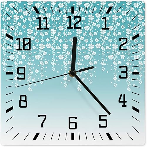 Teal Green Ombre Florals Wooden Wall Clock Silent Non Ticking, Spring Flowers Falling Square Wall Clock Battery Operated, Decor Clock for Home