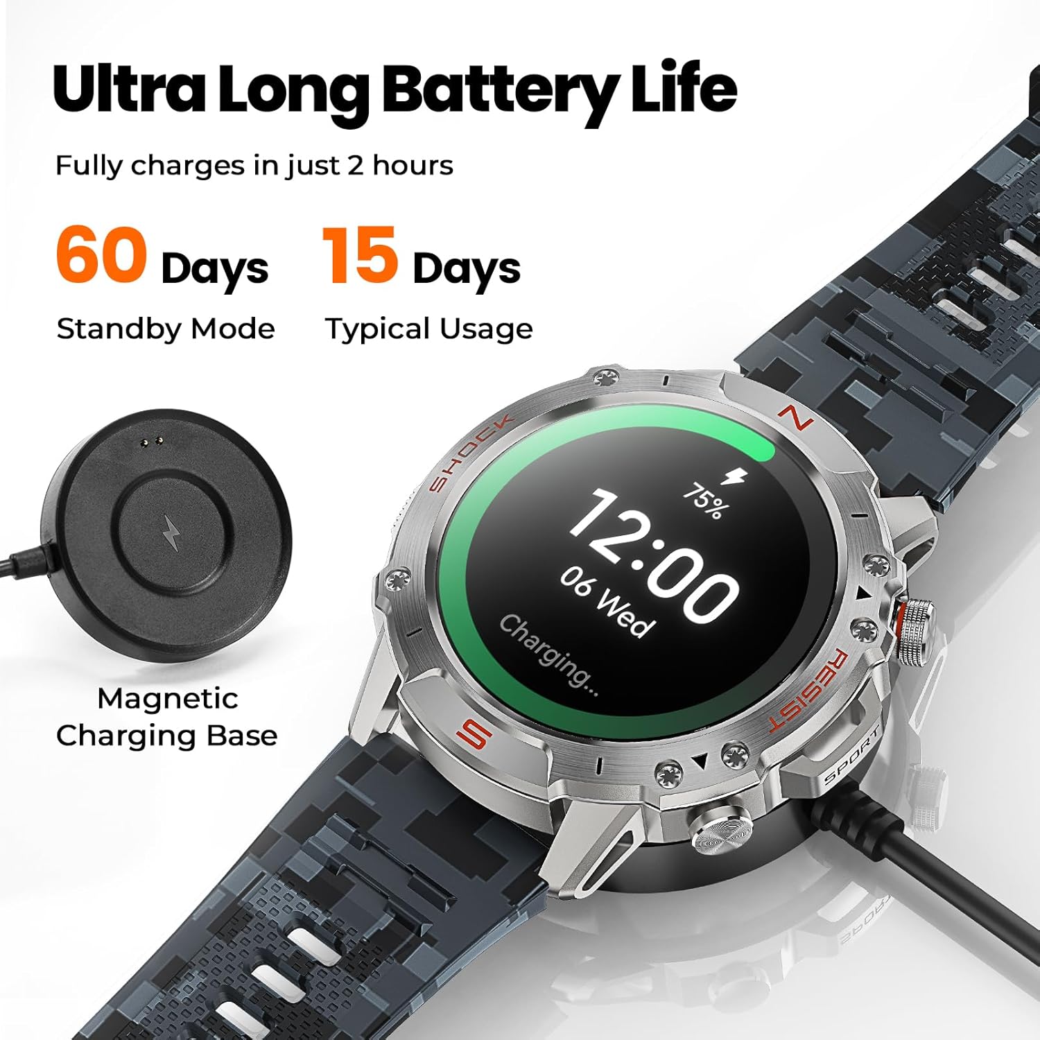 WalkerFit Rugged Smart Watch for Men- Answer/Dial Call, 30M Waterproof Fitness Watch with Health Monitor, 170 Sport Mode, Military Smartwatch for iPhone, AMOLED, Camouflage