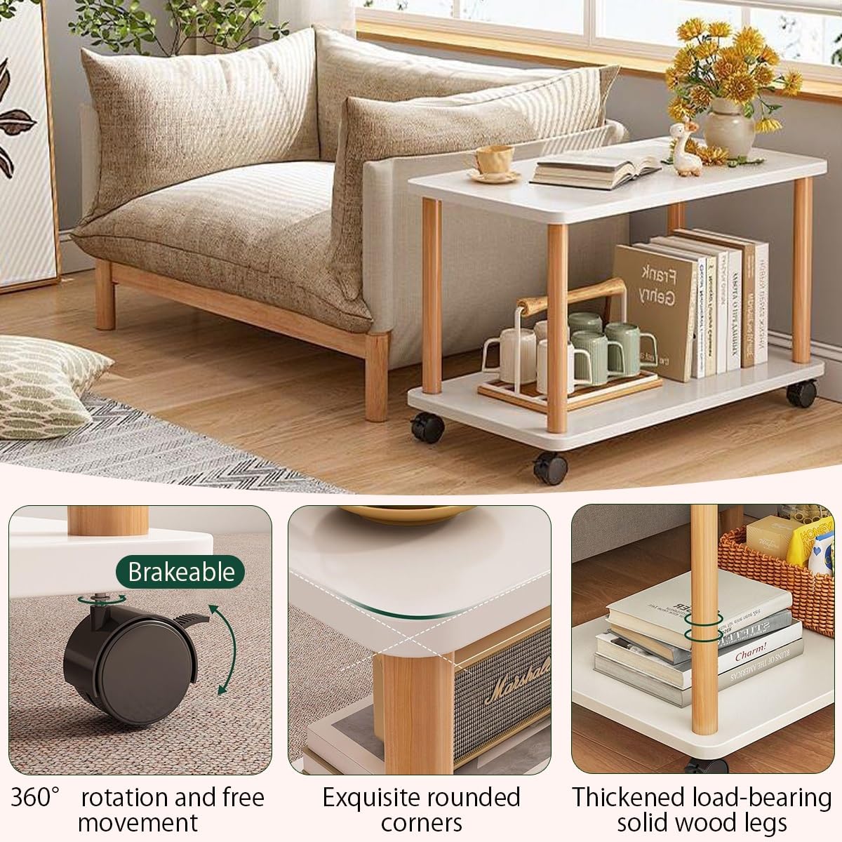 Mesa Auxiliar De 2 Niveles con Ruedas,Mesas Auxiliares De Madera para Salon,Mesa Sofa Estrecha Pequeña,Mesa De Centro para Salón Moderno,Mesita De Noche(Brown,60 * 30cm/23.6 * 12in)