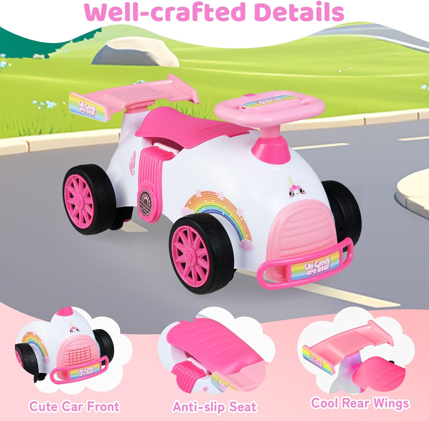 Costzon Toddler Ride On Toys, Foot-to-Floor Sliding Car with Steering Wheel, Music & Under-Seat Storage, Kids Push Ride-Ons, Baby Ride On Toys for Boys Girls 19-36 Months (Unicorn Theme)
