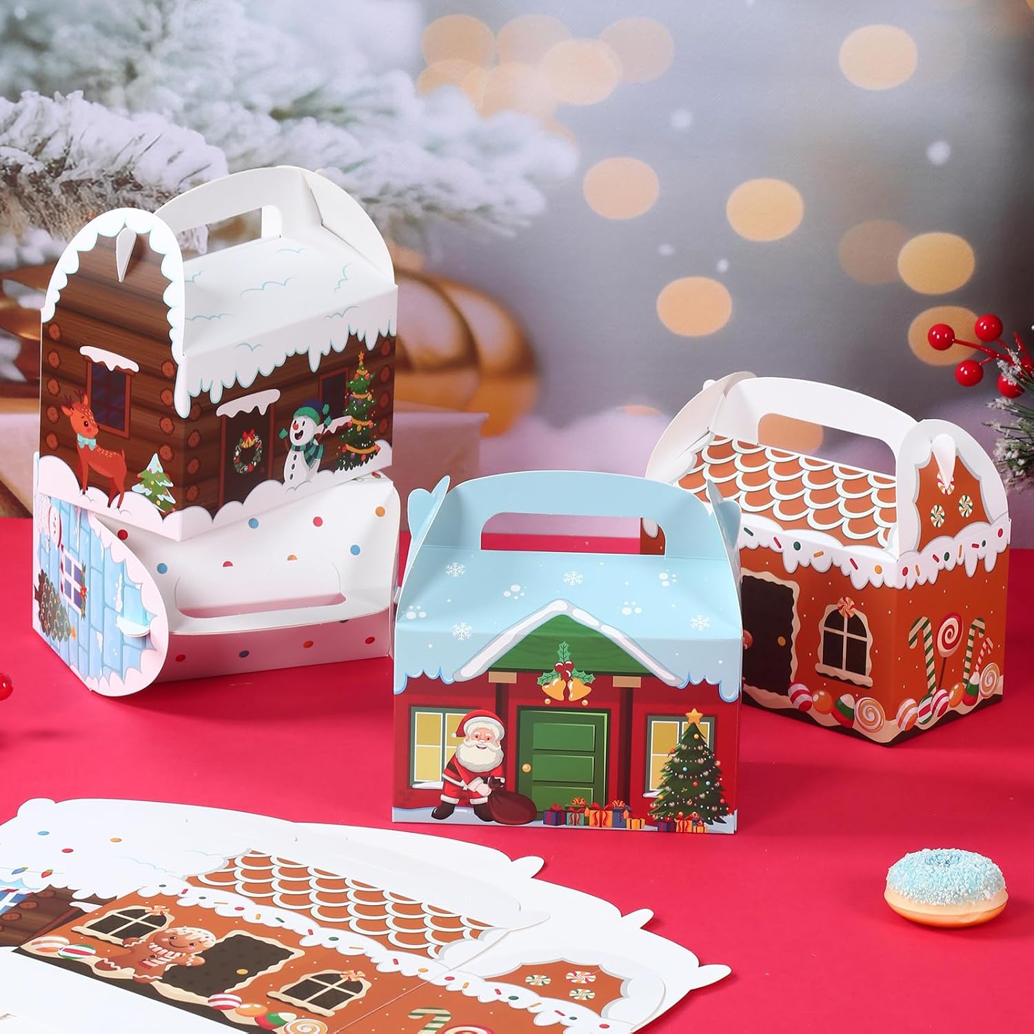Patimate 24pcs Christmas Cookie Boxes for Gift Giving, 4 Style 3D Xmas House Cardboard Treat Boxes with Handles for Christmas Goodie Candy Holiday Party Favor Supplies - Image 7