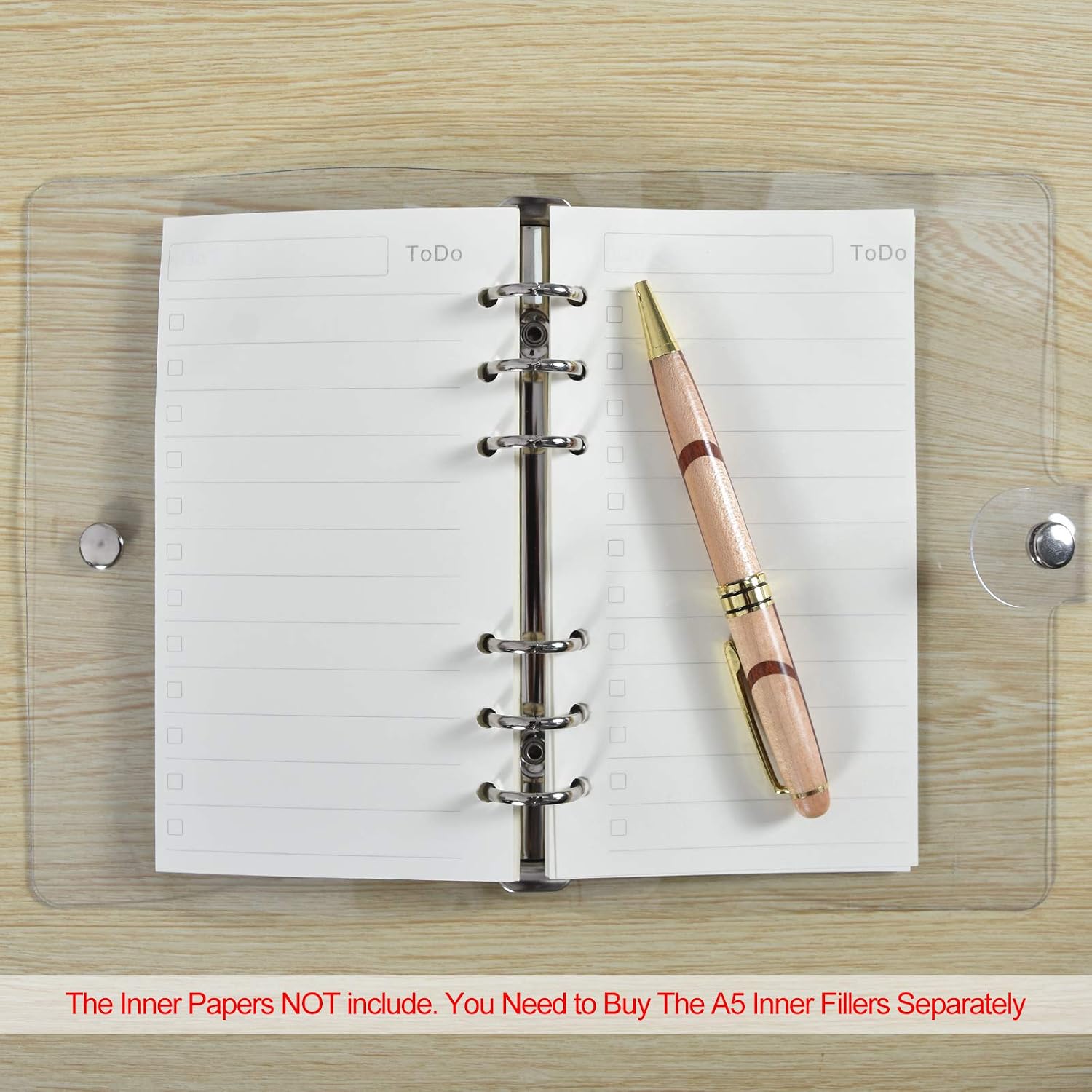 2 Pack 6-Ring Transparent Soft PVC Binder Cover, A5 Notebook Binder Planner Cover/Snap Button Closure, 6-Round Ring Loose Leaf Folder for Filler Paper [Inner Paper Not Included]