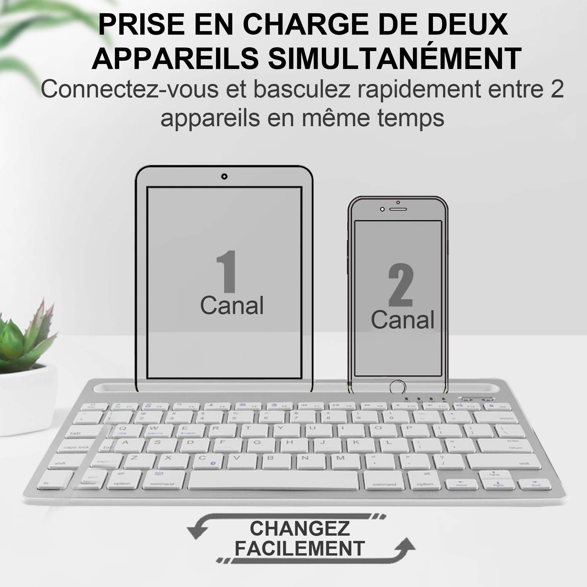 Clavier Filaire Bluetooth, Clavier QWERTY Silencieux Rechargeable Ultra-Mince, 78 Touches,Prend en Charge la Commutation Entre 2 Appareils, aAec Support Intégré,pour iPad,Tablettes,Smartphones(argent)