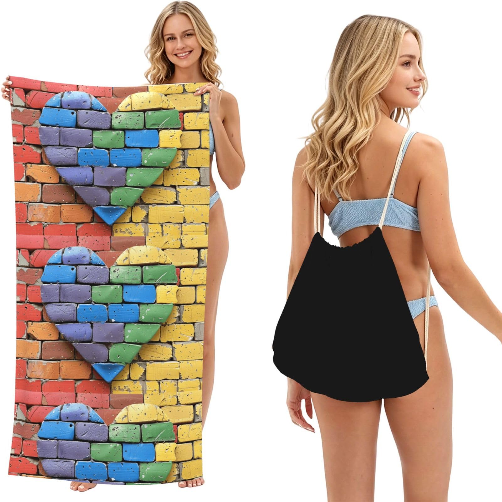 SKGOHLH Heart-shaped brick 2in1 Packable Beach Towel Bag Women