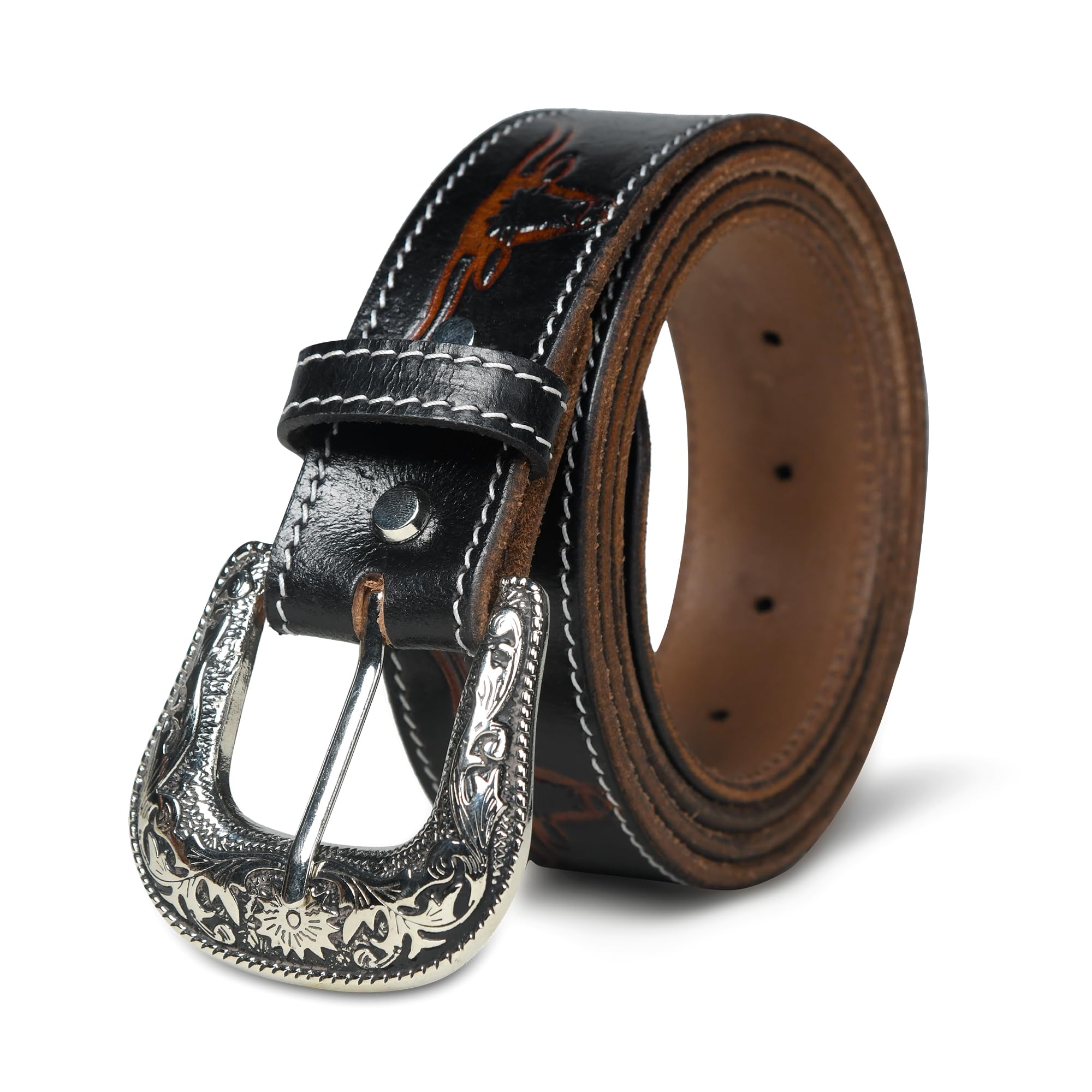 Buy Handcrafted Engraved Design Leather Belt with Embossed Buckle