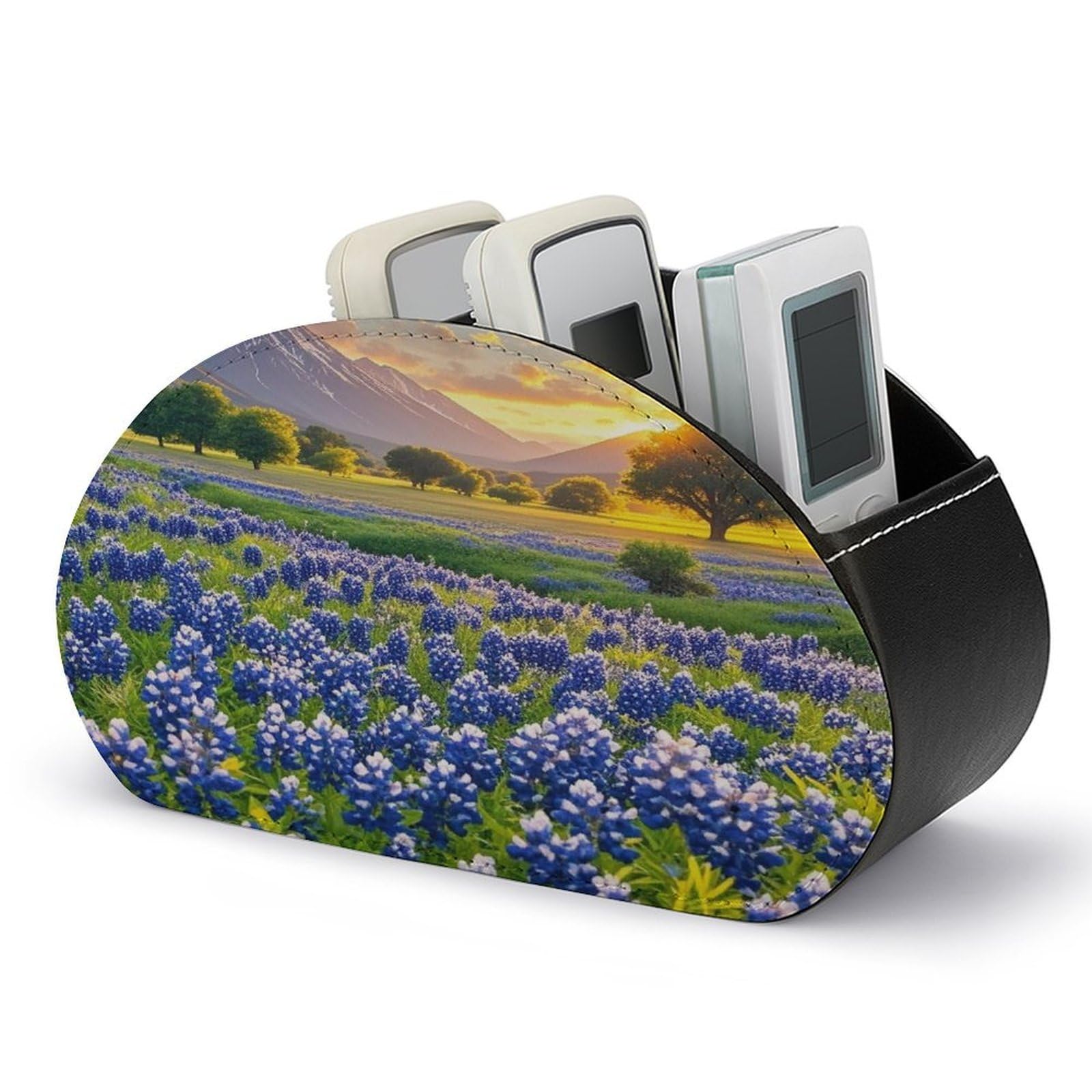 FekiLoot Leather TV Remote Control Holder with 5 Compartments Multifunctional TV Remote Holder Bedside Table Remote Caddy Storage Box Texas Bluebonnets Scenery Remote Organizer for Home Office