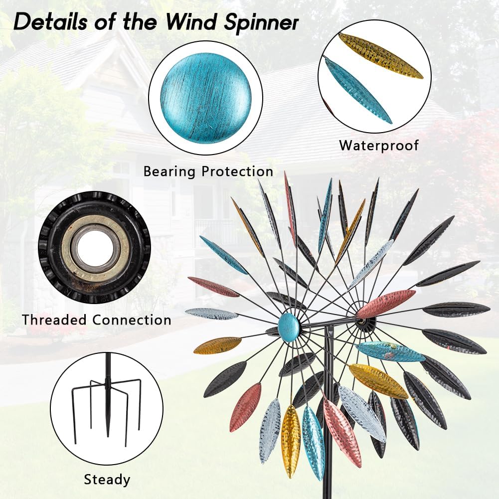 DREAMYSOUL Wind Spinner Outdoor, 23 Dia Dual Colorful Blades Metal Windmills, Kinetic Wind Spinners & Sculpture for Yard and Garden