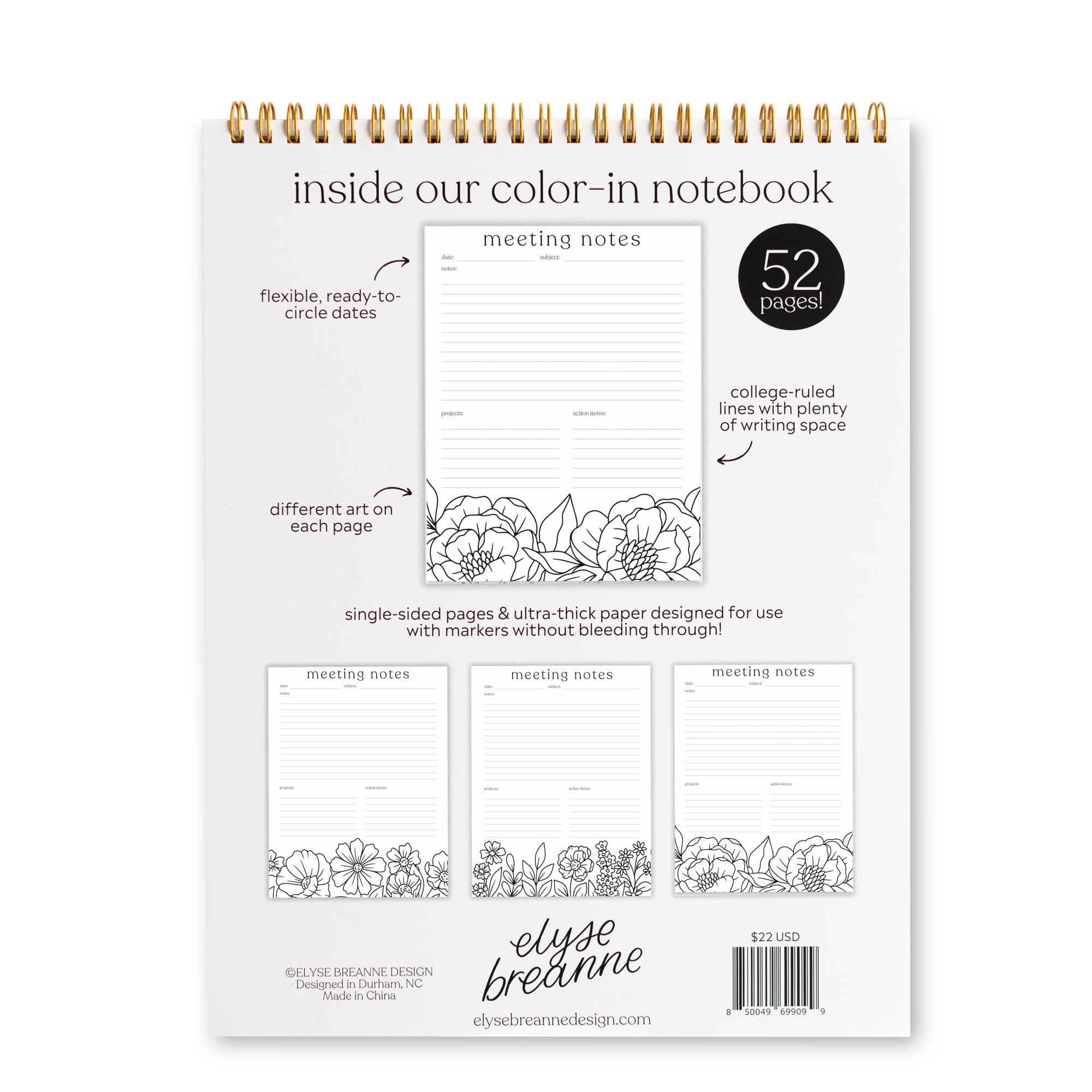 Elyse Breanne Design, Notas de reunión, 8.5 x 11 pulgadas, encuadernado en espiral superior, 52 hojas, todo en uno, bloc de notas abatible, calendario perpetuo, lista, planificador de proyectos de