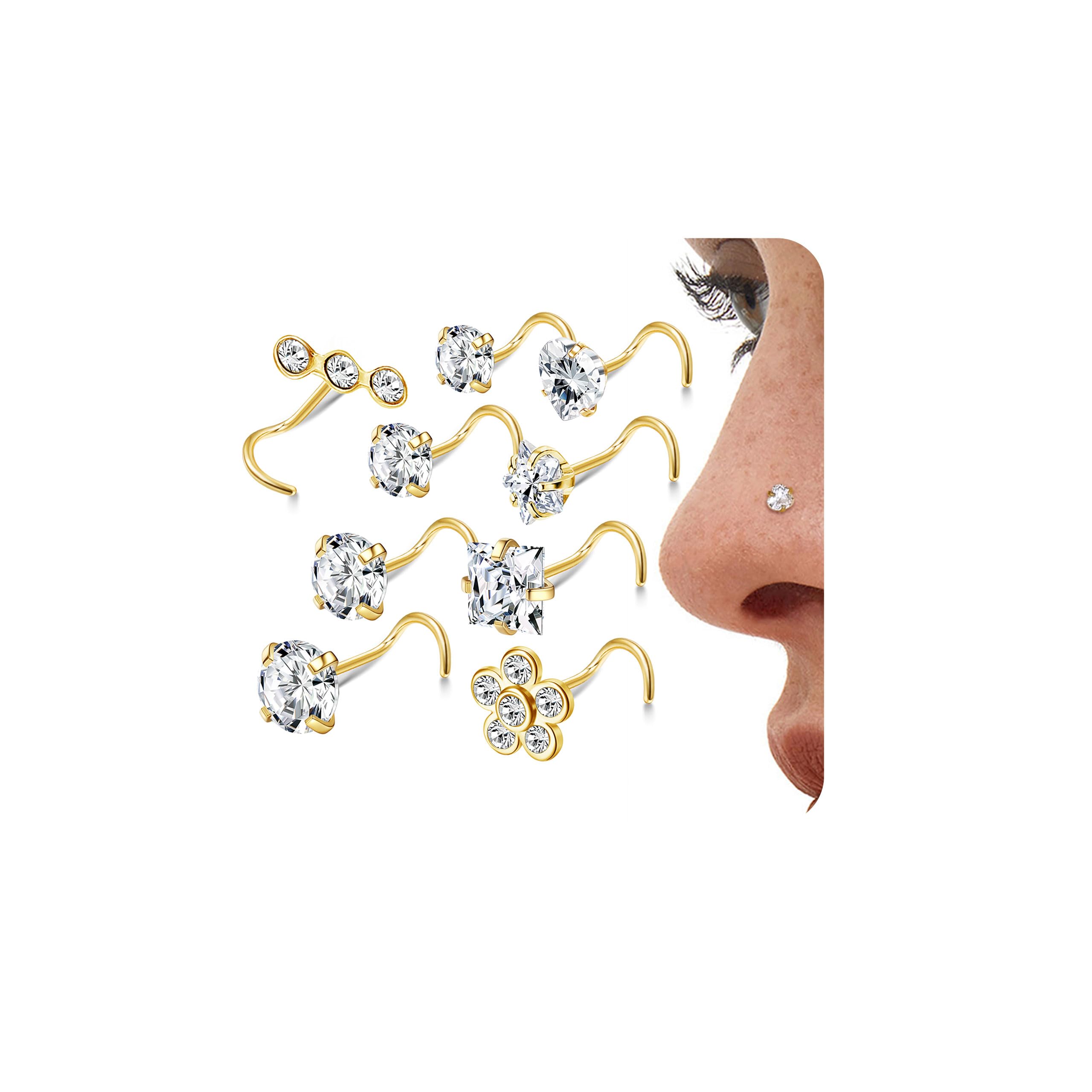 LOLIAS Pack 9 tapones para piercing de nariz plata 20G, con forma L, para piercing nariz, acero quirúrgico 316L con circonita cúbica juego joyas para hombres mujeres