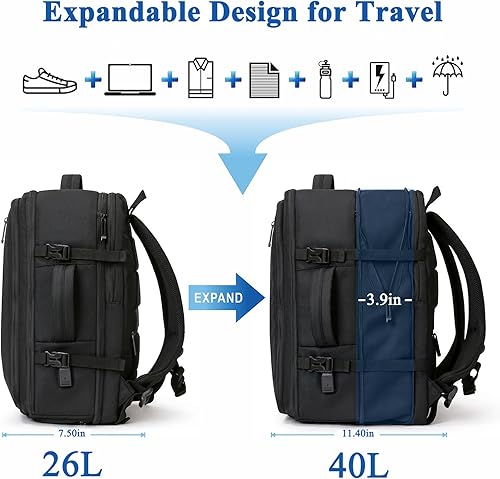 Miniatura 2 de Yostorrie Mochila de viaje para hombres y mujeres, mochila de mano, mochila de maleta expandible con compartimento para zapatos, Negro puro