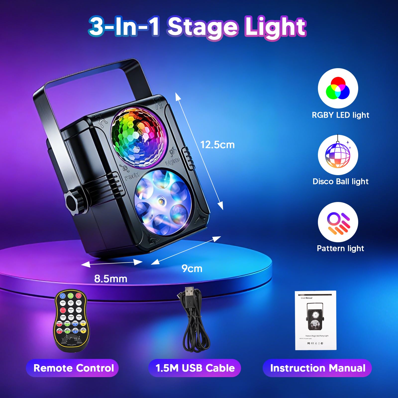 Luci da Palcoscenico Discoteca,YAZEKY 60 Motivi RGB Luce della Festa Della Discoteca,3 in 1 con Effetto UV, Luce Stroboscopica Discoteca Attivata dalla Musica USB Girevole a 360° (Red&Green, YSH-437)