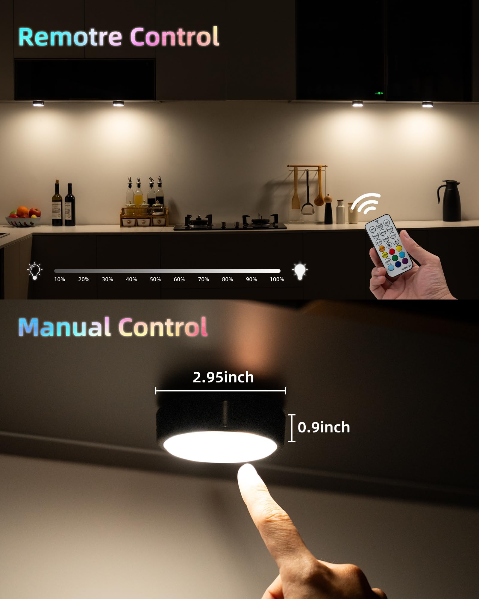 HOLKPOILOT Puck Leuchten con telecomando, illuminazione da incasso ricaricabile con batteria da 2000 mAh, 3 temperature di colore e 7 colori RGB, luce magnetica per armadio
