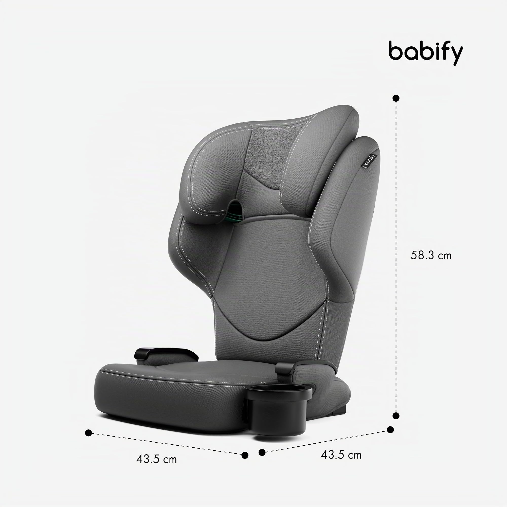Babify Silla Coche Isofix 15-36 kg - Para Niños 3-12 Años, Reposacabezas Ajustable 12 Posiciones, Portavasos Extraíble, Plegable, Funda Lavable, Cumple R129 UE, Gris