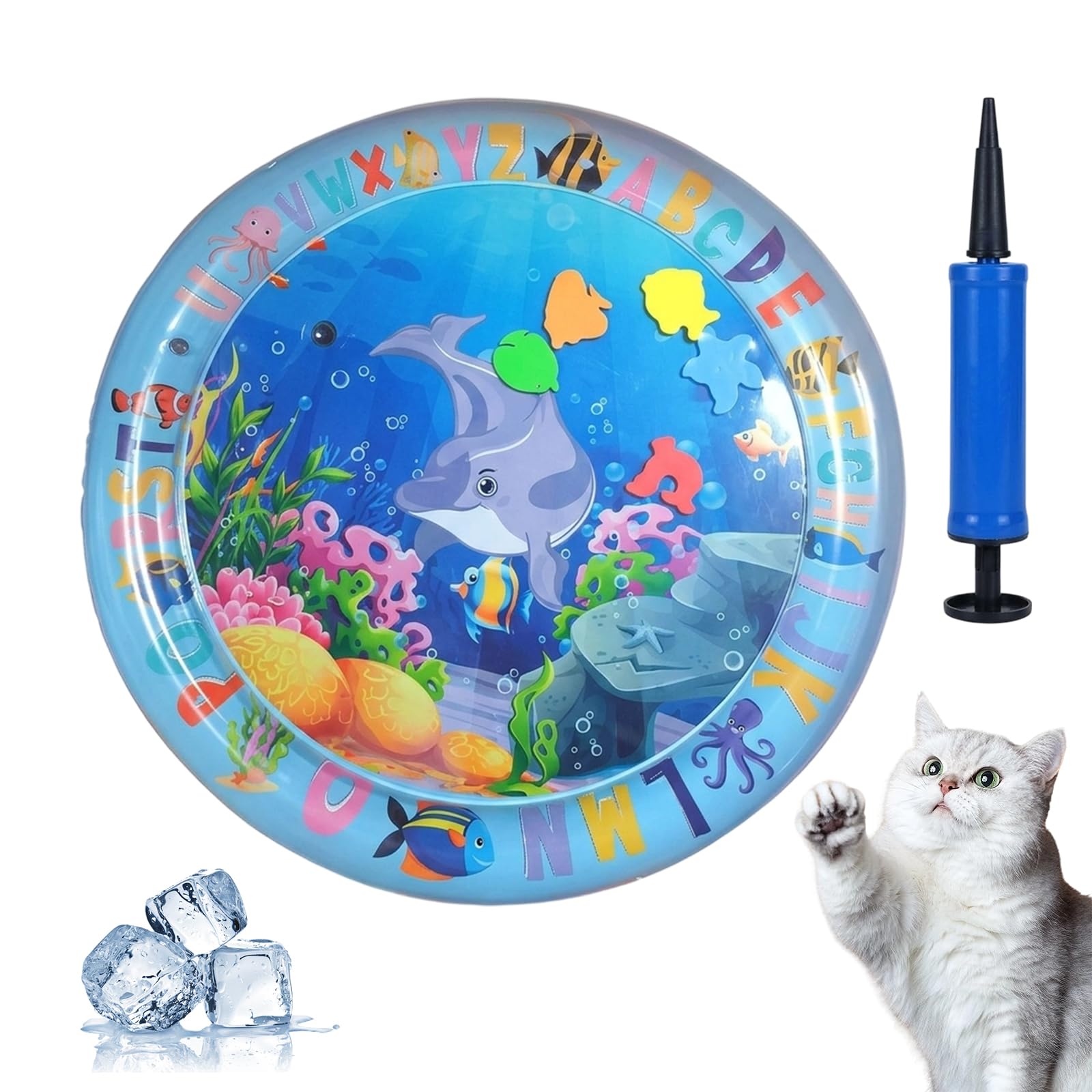 Cat Water Mat, Cat Play Mat and Pet Cooling Mat, Water Play Mat for Indoor Cats and Small Spaces, Tummy Time Water Mats with Pump,Dolphin Design Water Mat 60cm