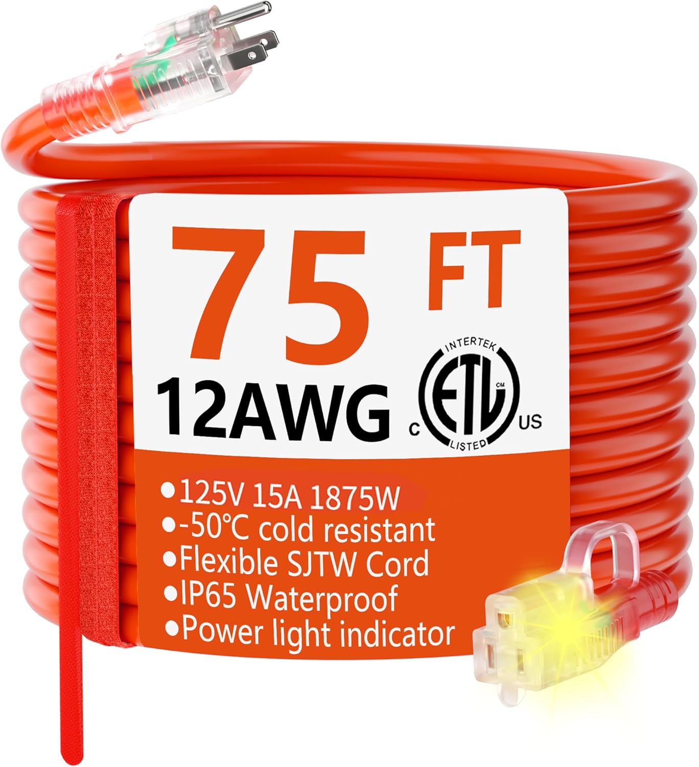 HUANCHAIN 12/3 Gauge Heavy Duty Outdoor Extension Cord 75 ft Waterproof with Lighted end, Flexible Cold-Resistant 3 Prong Electric Cord Outside, 15Amp 1875W 12AWG SJTW, Orange, ETL