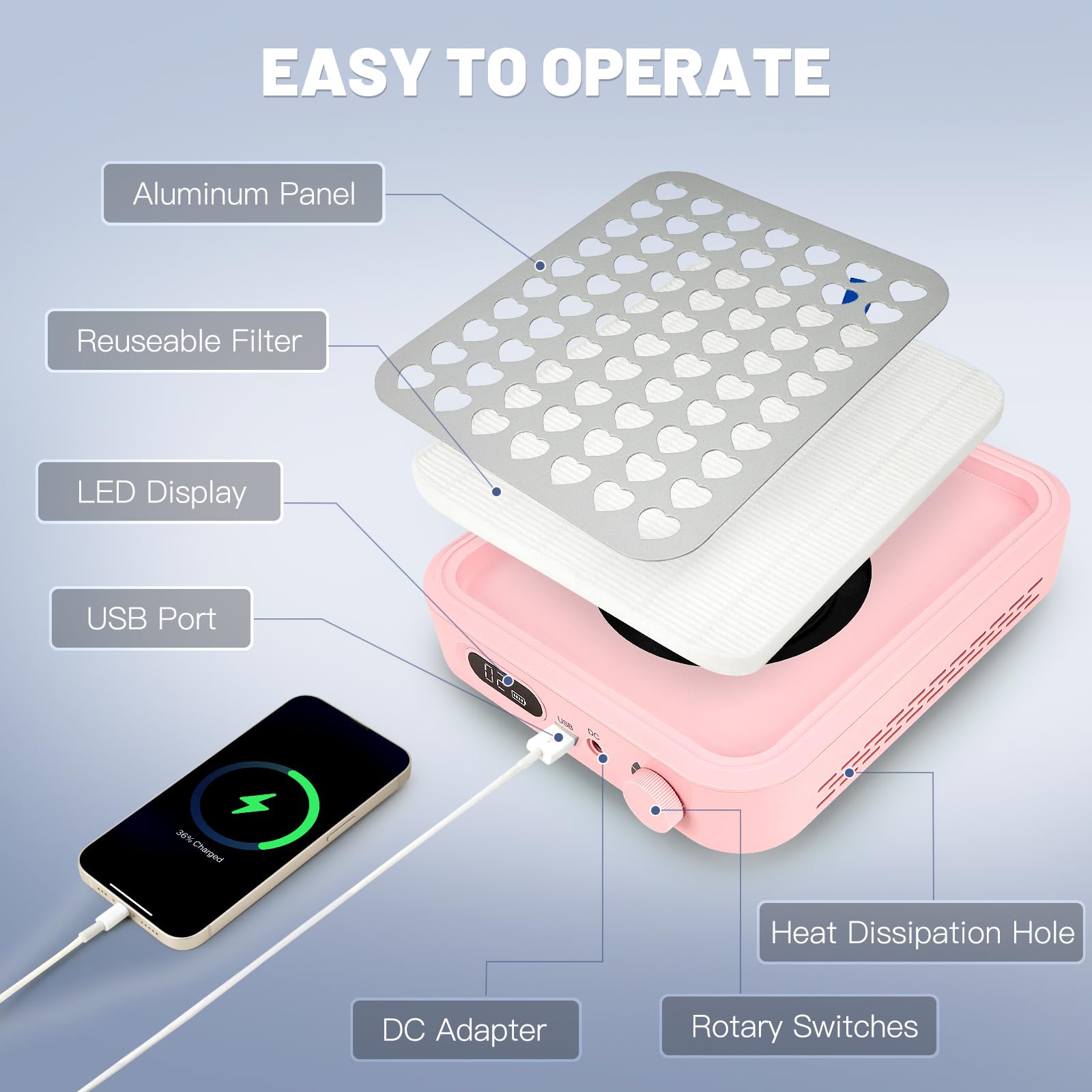 Madenia Kabellose Akku Staubabsaugung für Nägel, 56W Professionell Wiederaufladbare Leistungsstark Nagelstaubsauger mit 2 Filters und 1 Bürste, Leiser Nagel Staubsauger für Nagelstudio & Zuhause, Rosa