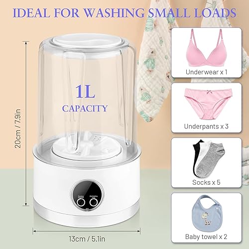 Miniatura 5 de Lavadora de ropa, dispositivo de ropa interior portátil, máquina recargable de limpieza de 1 litro con modos para sujetadores, calcetines, prendas,