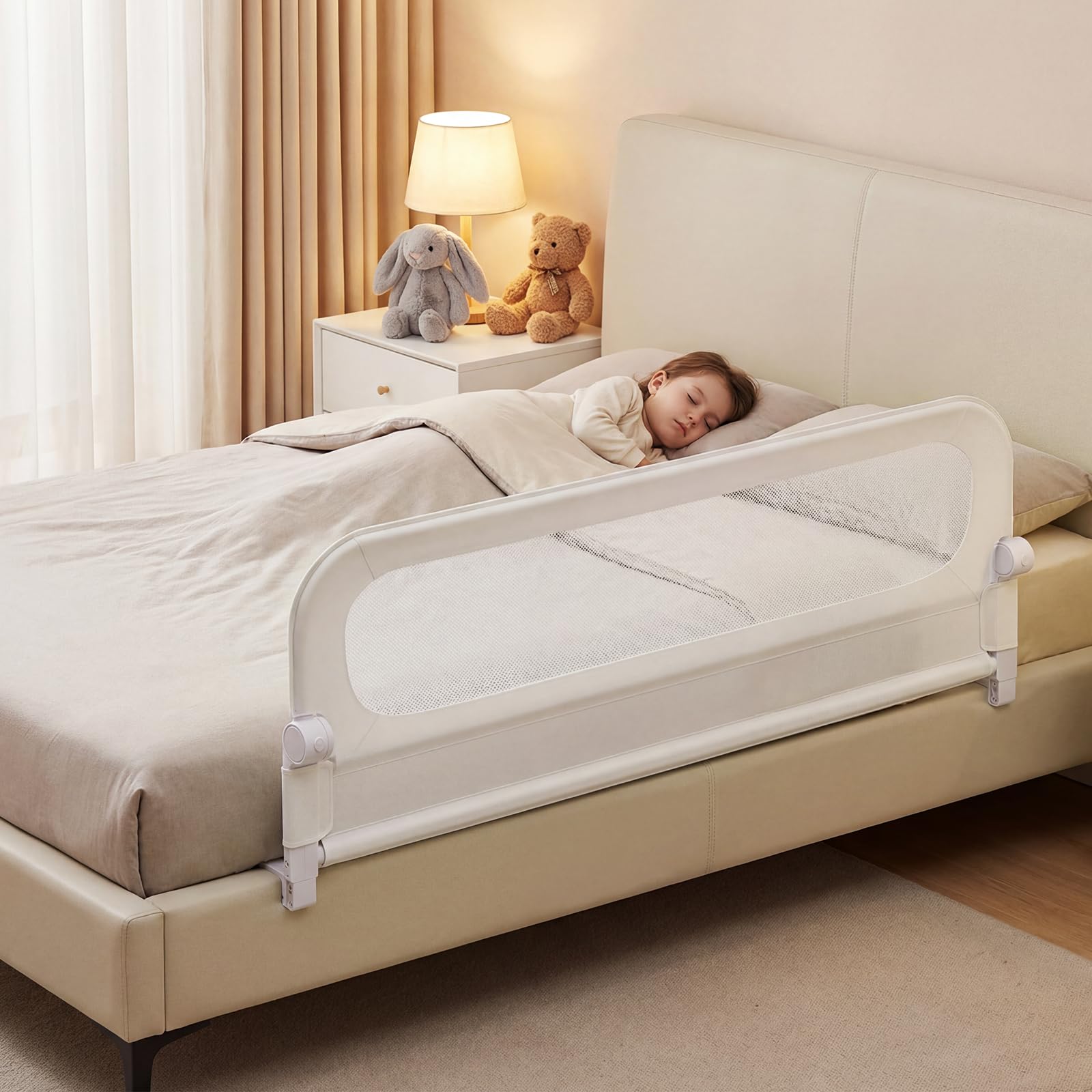 COSTWAY Barrera Seguridad Niños, Barandilla Plegable para Cama, Barandilla de Seguridad Ajustable dcon Funda Extraíble de Tejido Oxford y Base Robusta en Forma de U (Blanco,150 x 60 cm)