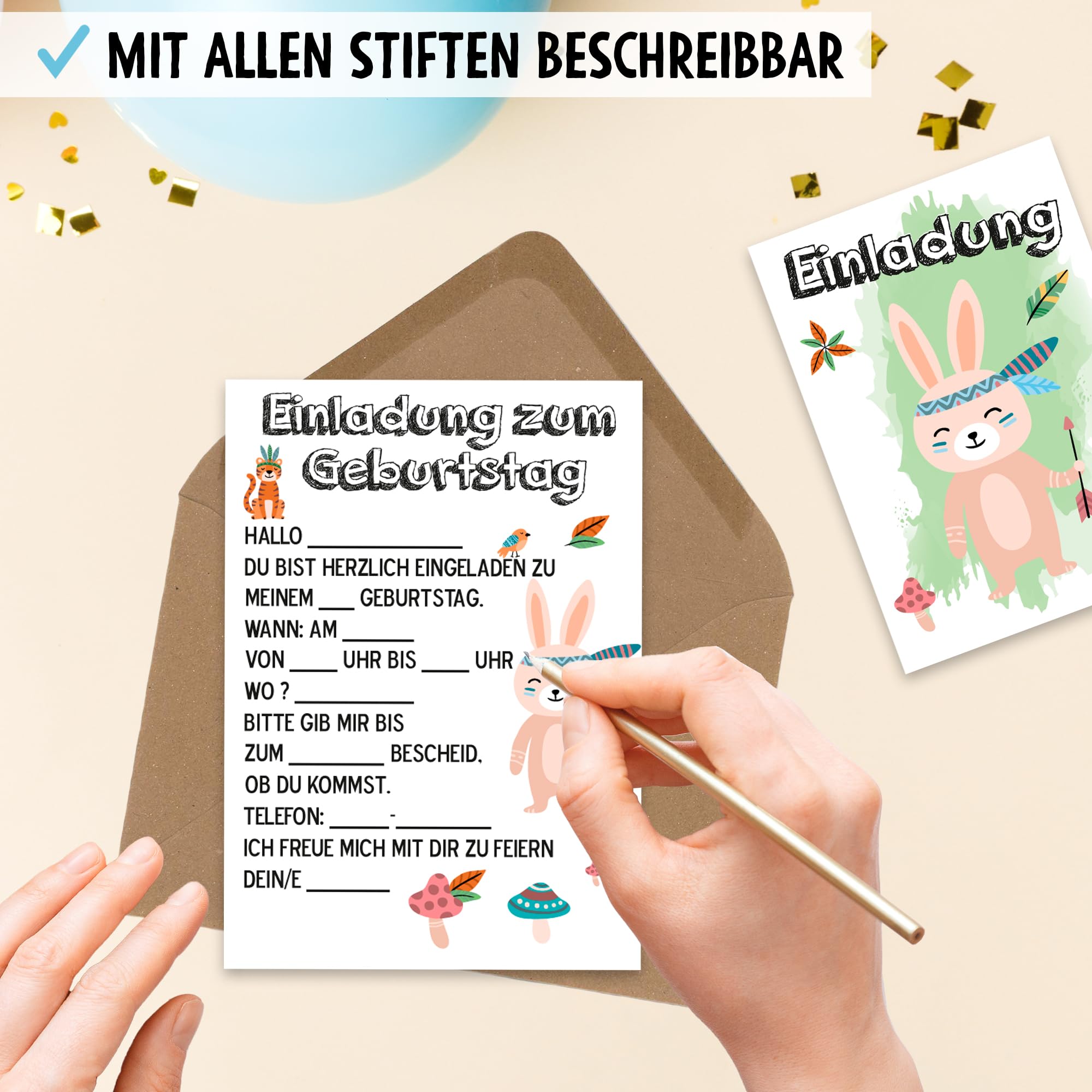 OWLBOOK Hase Boho 50 Einladungskarten Kindergeburtstag Junge Mädchen Kinder - Wilde Tiere Geburtstag - Kindergeburtstagseinladungen Wald Tiere Zoo Dschungel Einladungen zum Ausfüllen mit Umschläge
