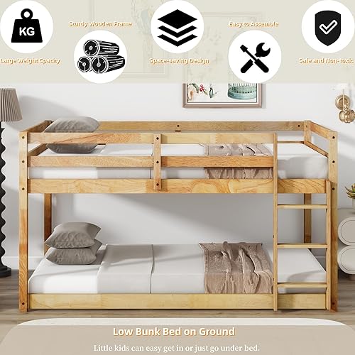Miniatura 58 de Litera baja individual sobre individual, base de cama de madera maciza con escalera y barandillas de seguridad, literas individuales para niños y