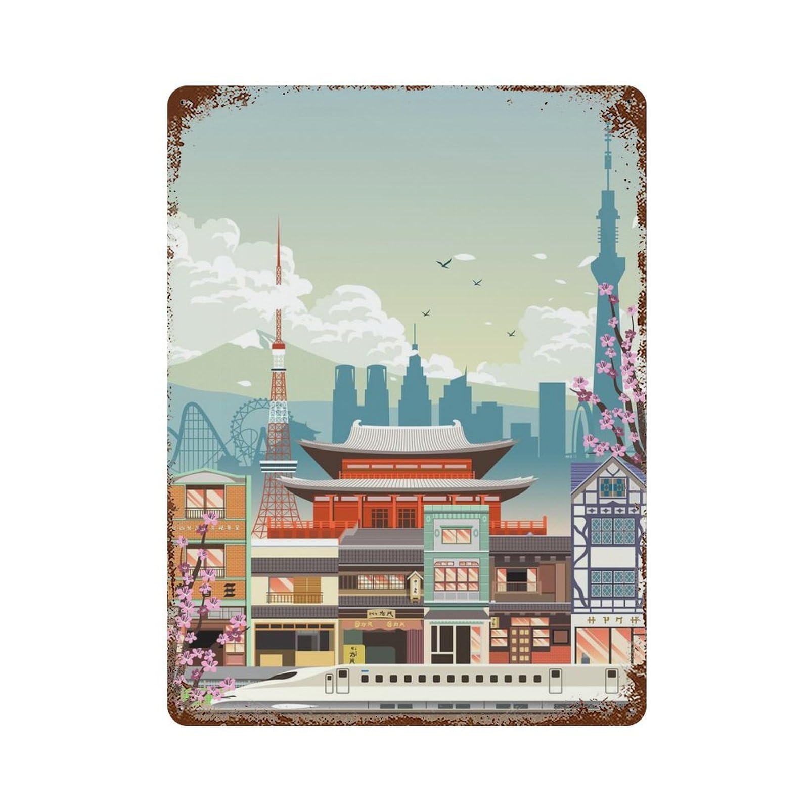 Tokyo Travel Print Decorative Tin Sign 15.7"x11.8", Ideal for Cafe, Home Bar And Lounge Decor