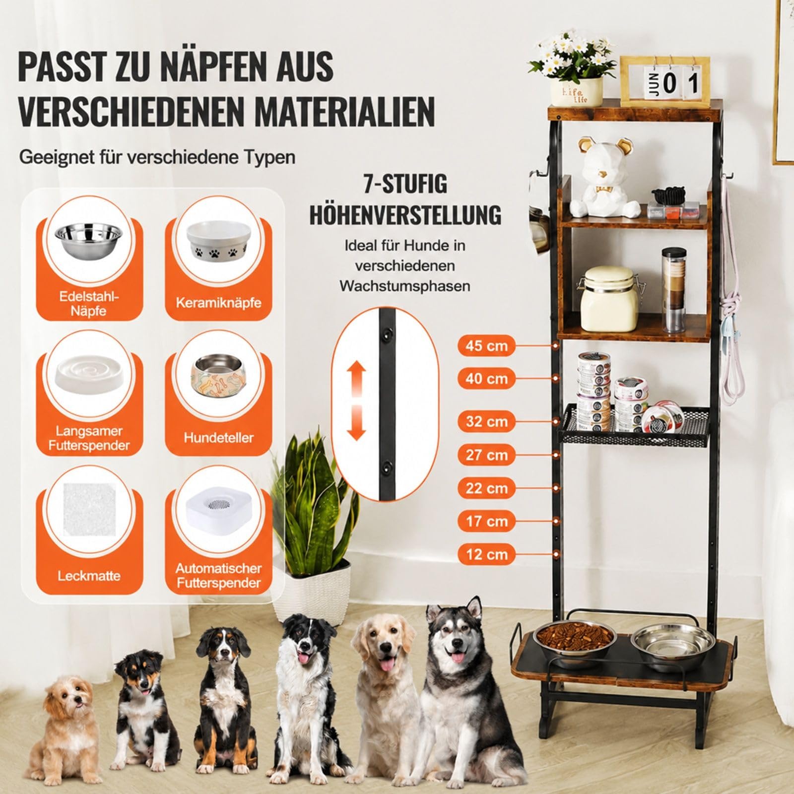 Verstellbare erhöhte Futterstation für Hunde mit Napfhalter und Ablagefach, Haustier-Fressplatz für Zuhause