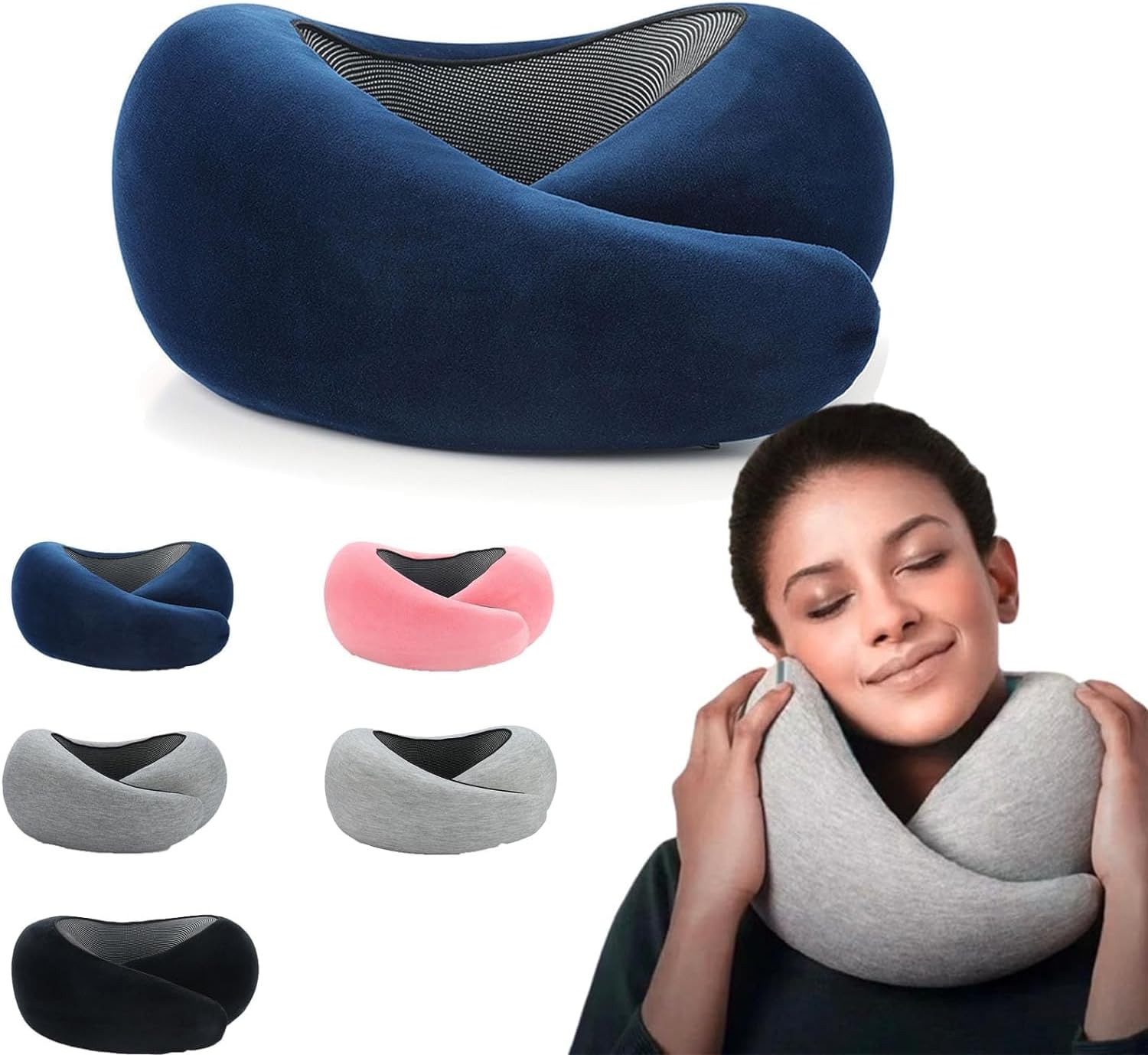 Giurui Travel Pillow, Neck Travel Pillow 2024, Neck Pillows for Airplanes (Blue, Velcro)