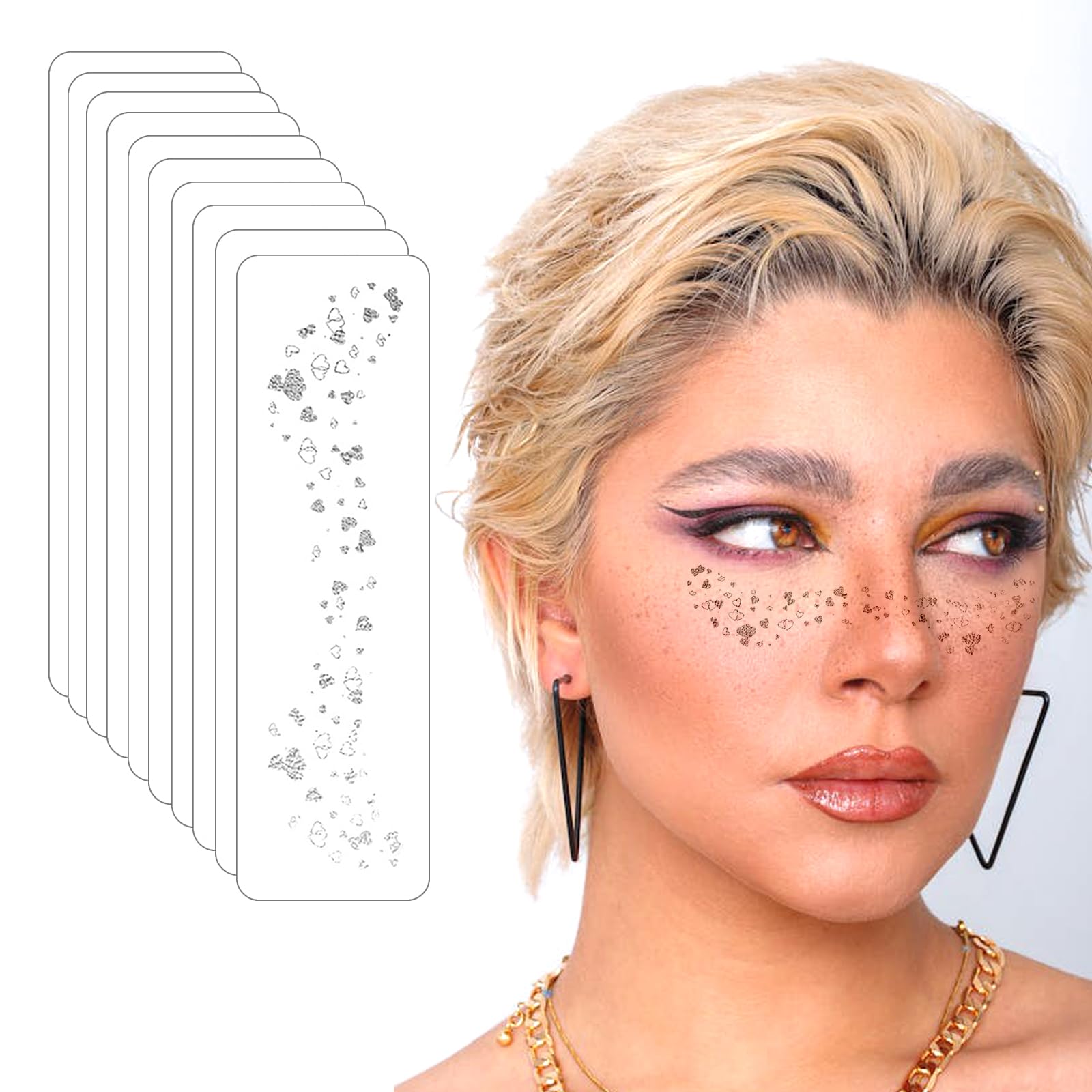 10 Stück Glitzer Gesicht Sommersprossen Tattoo,Wasserfeste Silber Herzform Valentinstag Temporäre Tattoos,Fake Freckles,Gold Tattoo,Glitter Freckles,Sommersprossen Tattoo-QBT001