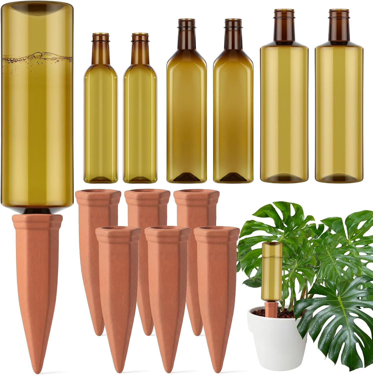 6 Pcs 17oz 25oz 34oz Plant Watering Devices 3 Terracotta Self Watering Spikes 3 Plastic Bottles Slow Release Vacation Planter Insert Automatic Water System for Indoor Outdoor Potted Plant
