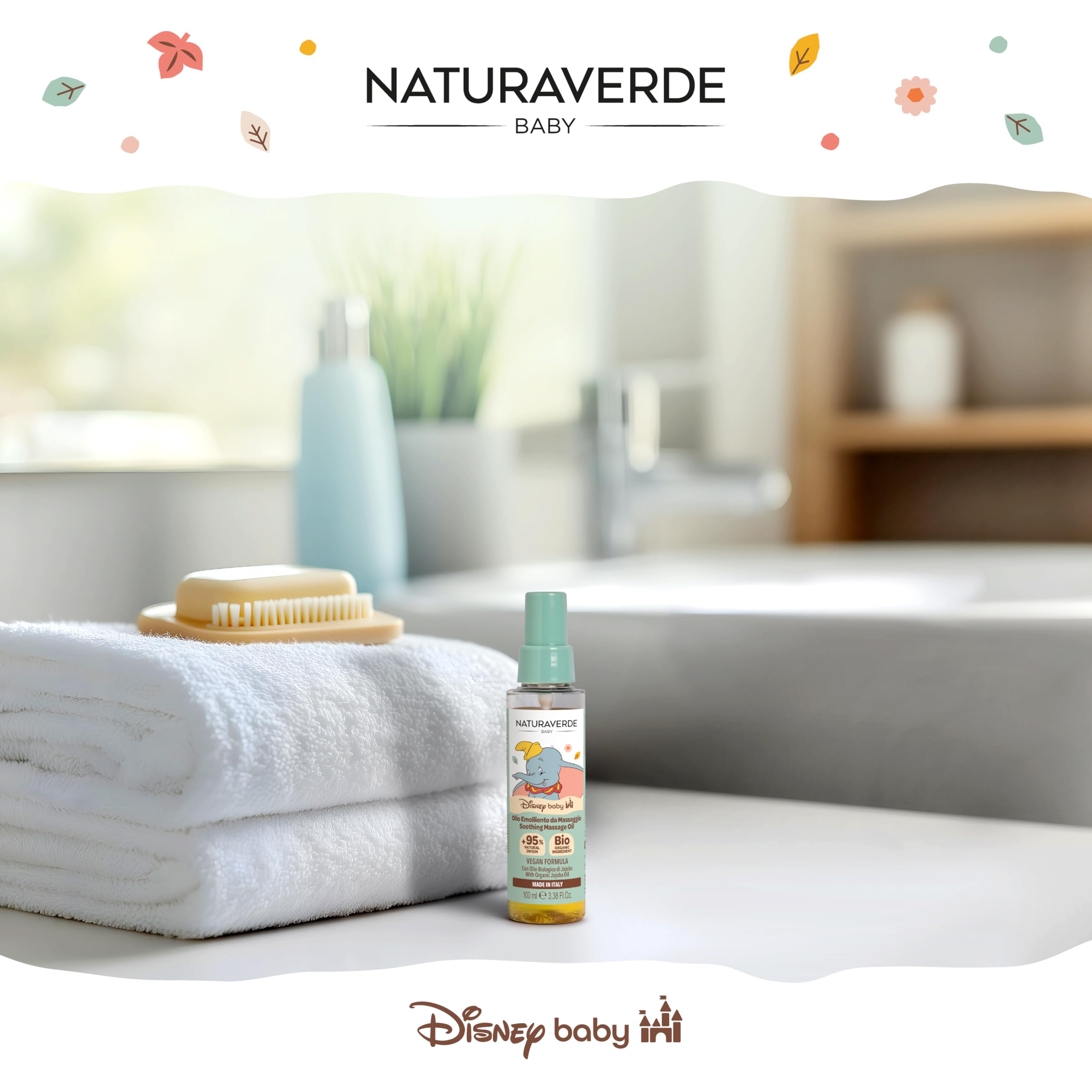 NATURAVERDE - Disney Baby Dumbo, Olio Massaggi Nutriente e Lenitivo 100ml, Con Estratti Vegetali, Ideale per Neonati